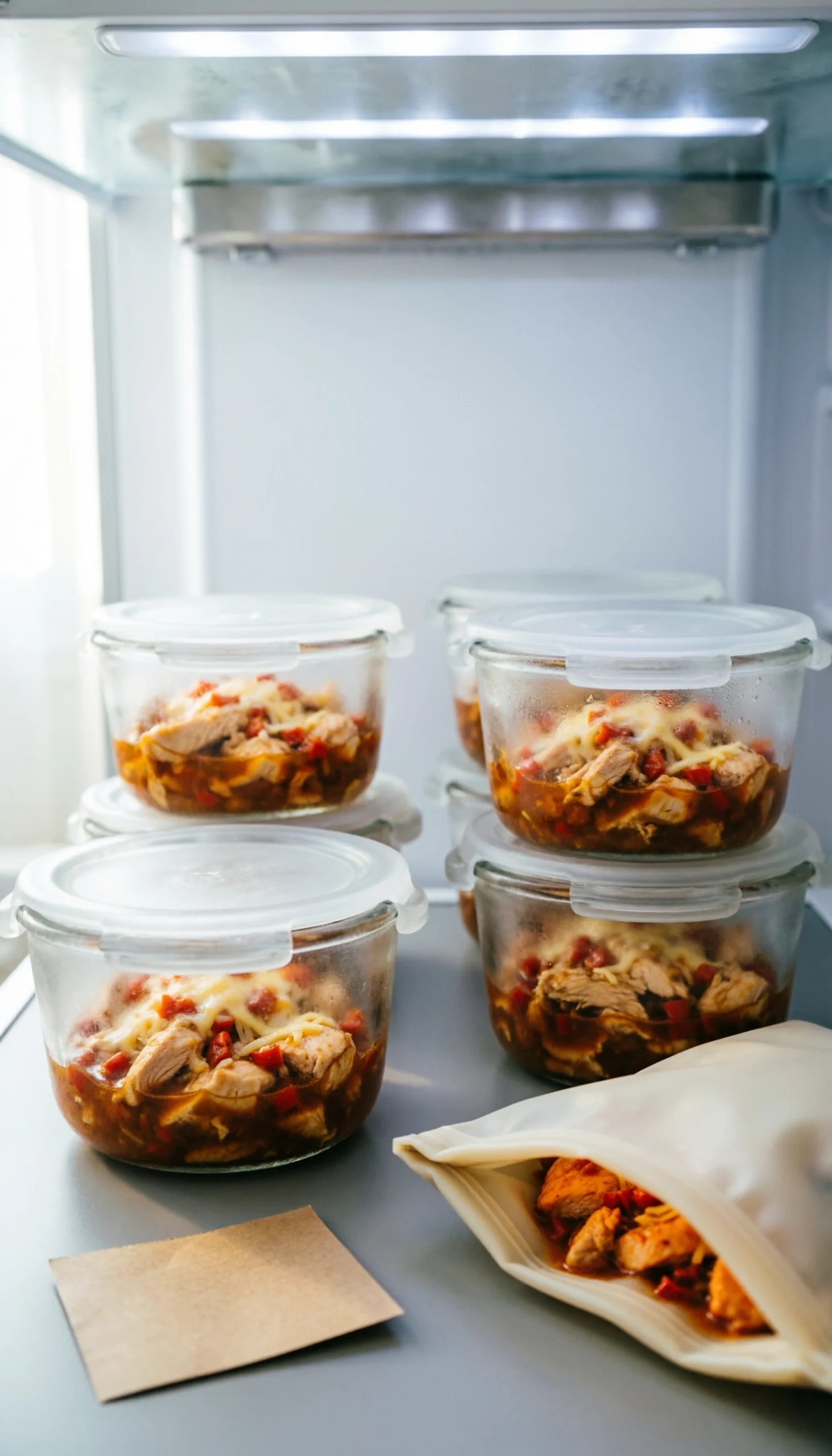 Portioned Slow Cooker Crack Chicken Chili In Clear Glass Meal Prep Containers Is Neatly Stacked, Ready For Future Meals.