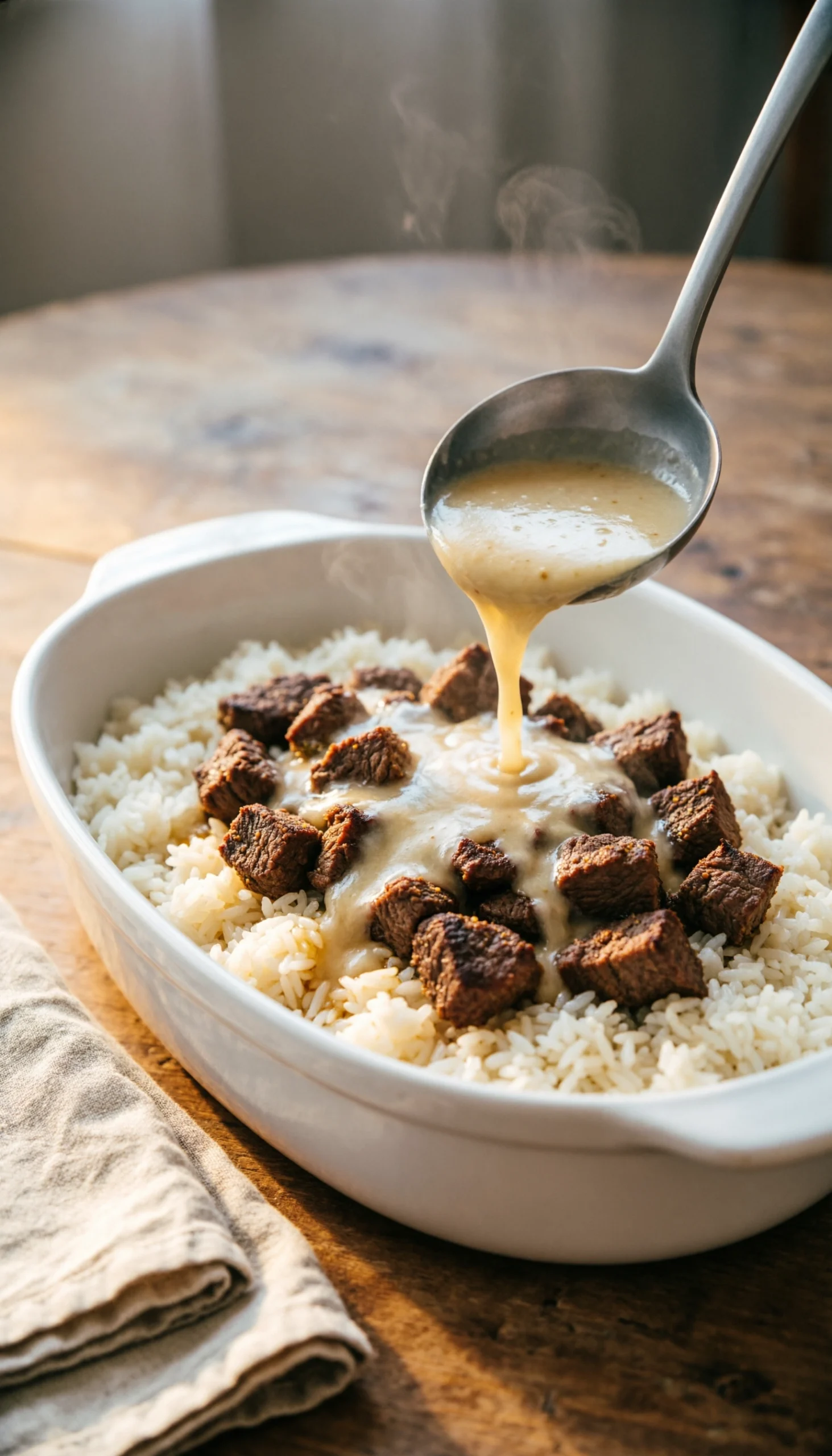 Pouring A Thick Creamy Soup Base Over A Ground Beef And White Rice Mixture In A White Ceramic 9X13 Baking Dish.