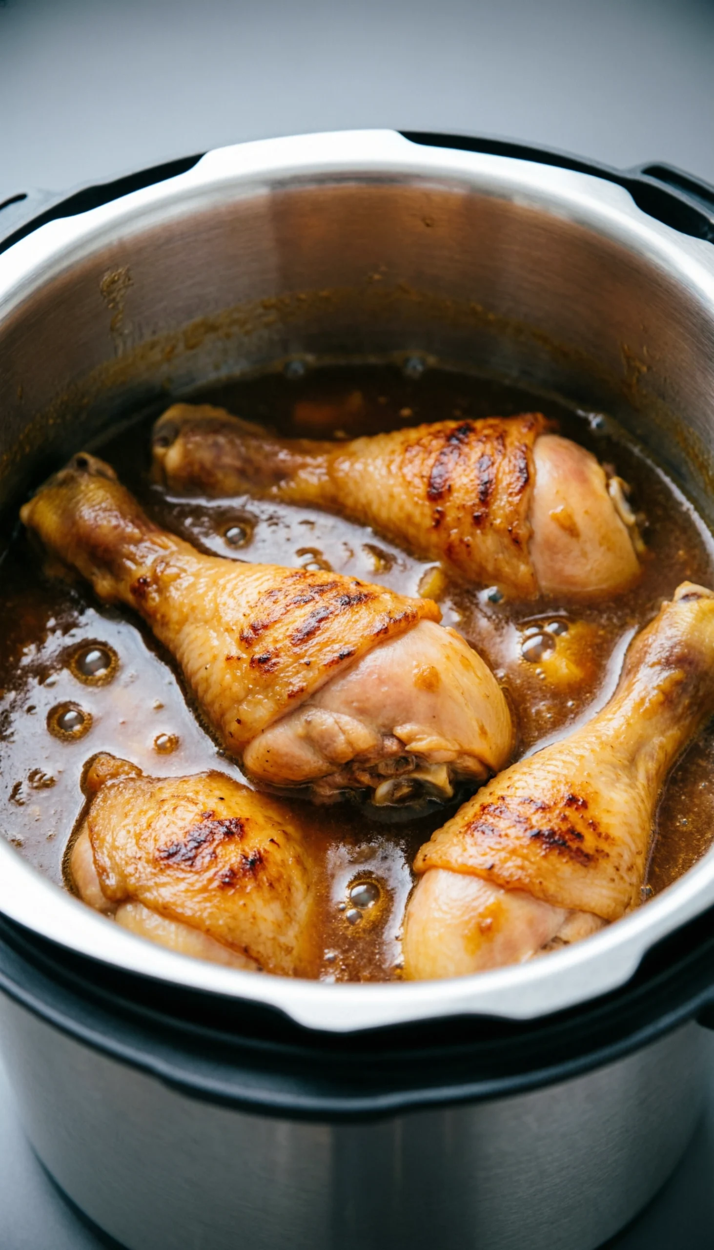 Professional Shot Of Juicy Chicken Thighs Submerged In Bubbling, Dark Amber Pineapple Bourbon Sauce In An Instant Pot Liner.