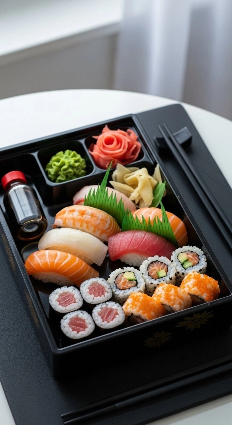 Professional Sushi Party Food Box Featuring Fresh Salmon Nigiri And Maki Rolls In A Sleek Black Lacquer-Style Tray.