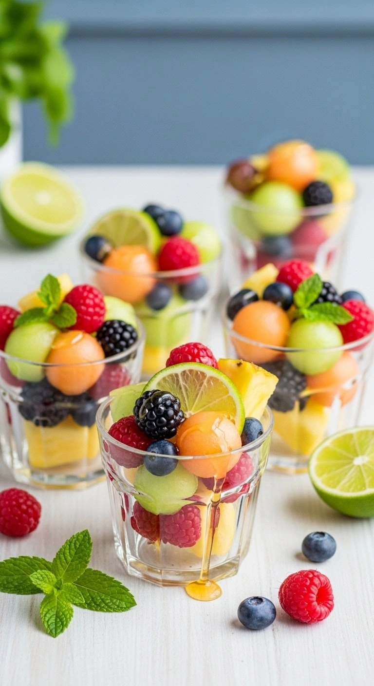 Refreshing Fruit Cups With Berries And Melon Drizzled In Lime Honey On A Light Wooden Table In Bright Daylight.