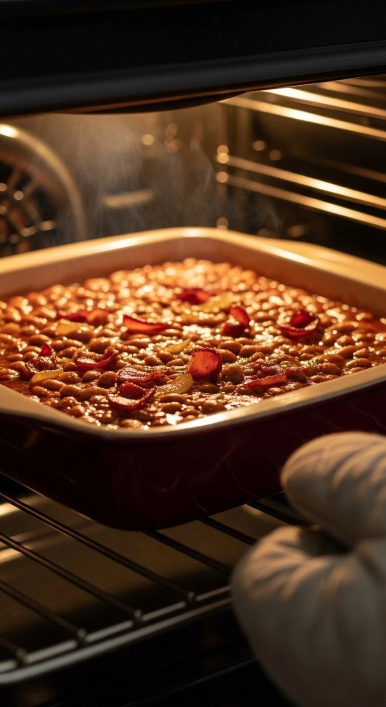 Rich, Bubbling Baked Beans With Crispy Bacon And Onions Bake In A Dish, Visible Through An Ajar Oven Door.