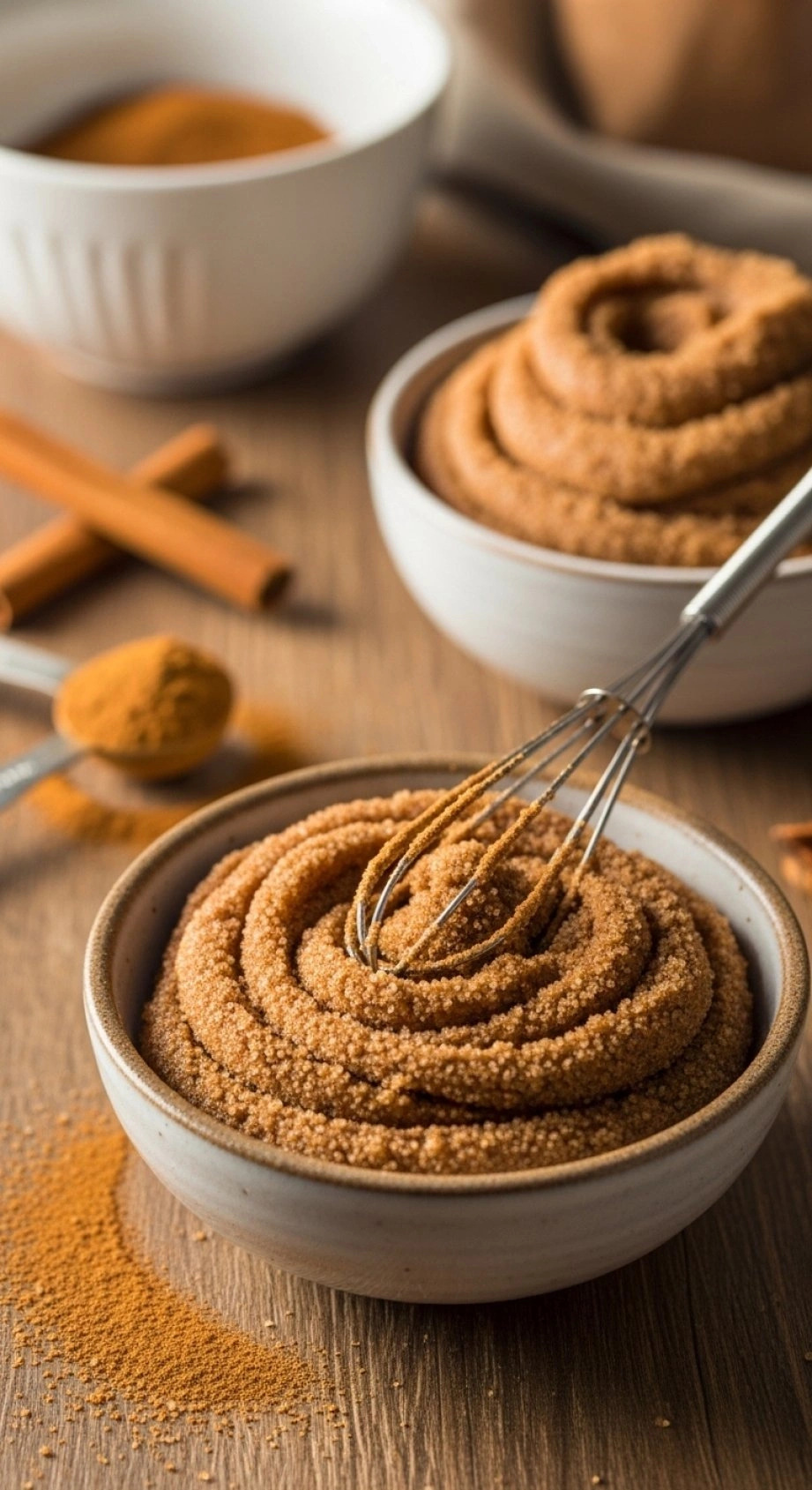Rich Cinnamon Sugar Swirl Mixture In A Rustic Ceramic Bowl With A Mini Whisk For Sweet Banana Bread Filling.