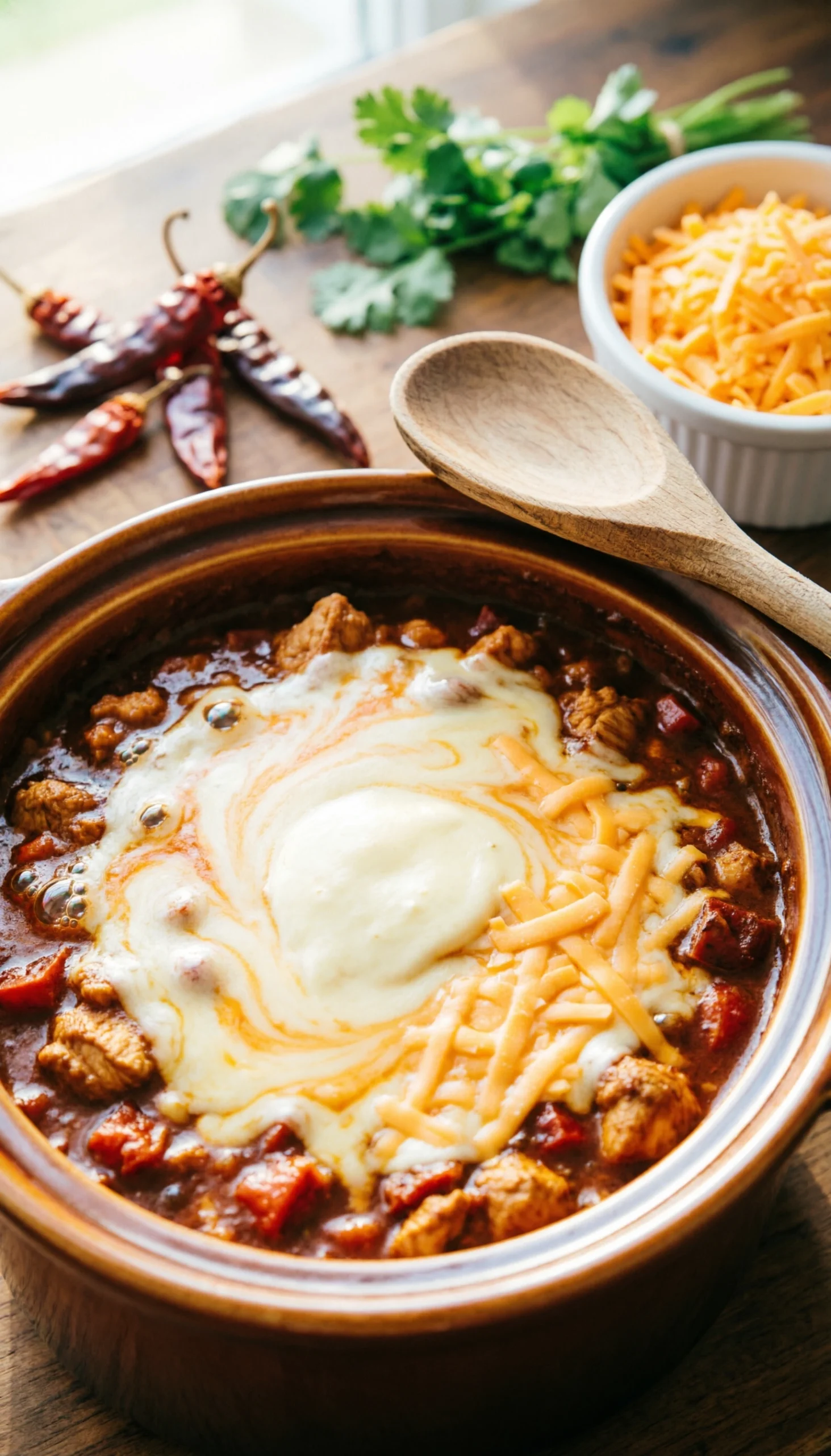 Rich Melted Cream Cheese And Shredded Cheddar Swirl Into Bubbling Slow Cooker Crack Chicken Chili, Creating Creamy Texture.