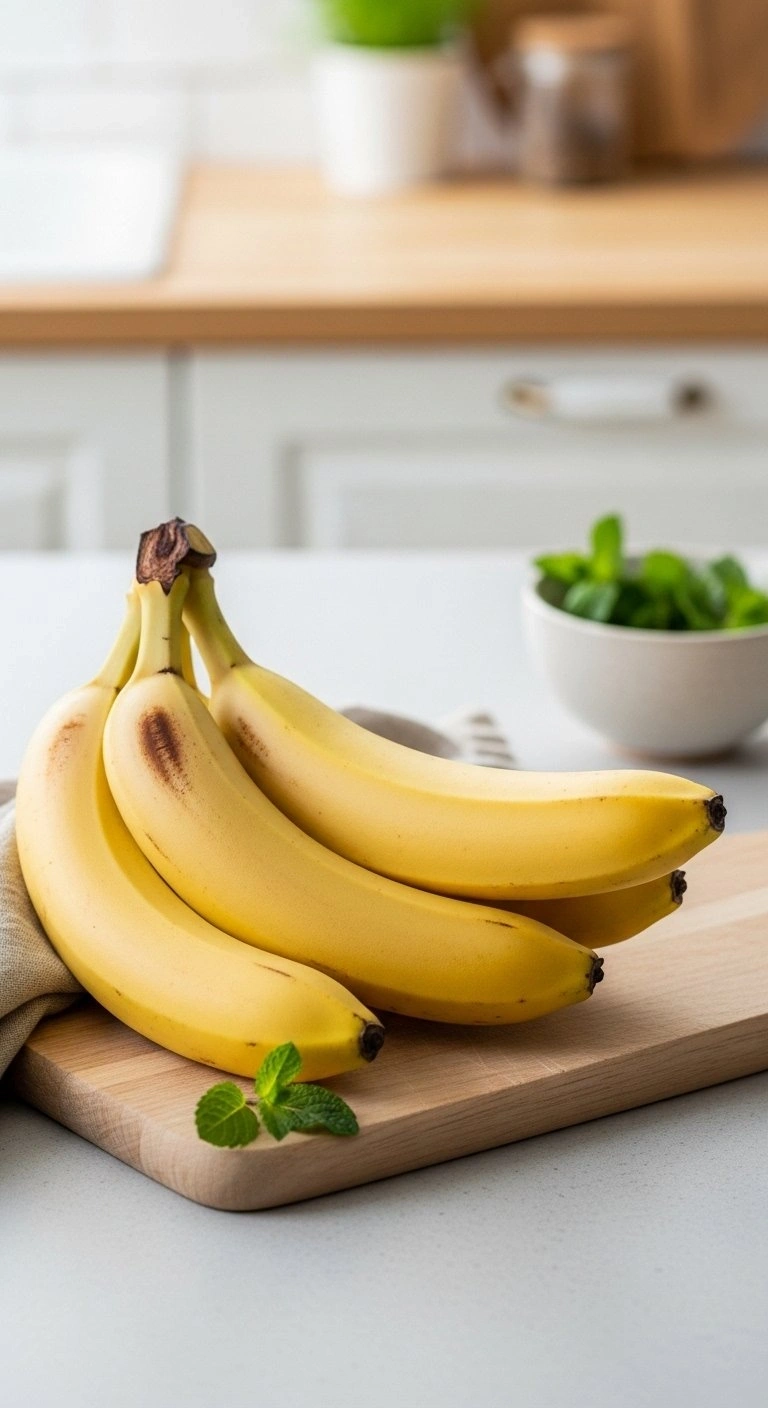 Ripe Yellow Bananas With Brown Spots On A Rustic Wooden Cutting Board For Healthy Homemade Banana Bread Recipes.