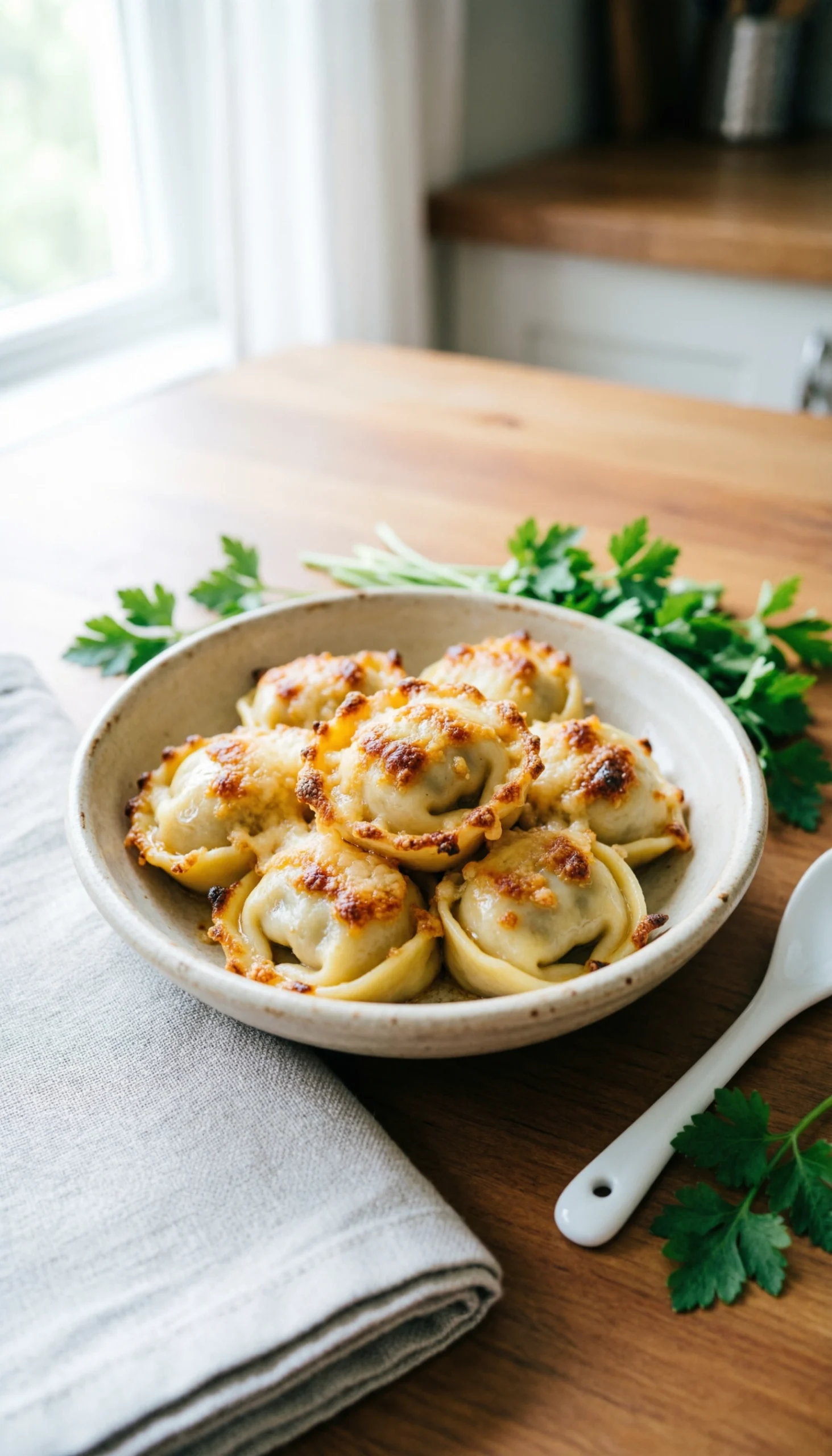 Savory Baked Tortellini With A Golden Brown Parmesan Cheese Crust Served In A Rustic Ceramic Dish With Fresh Parsley.