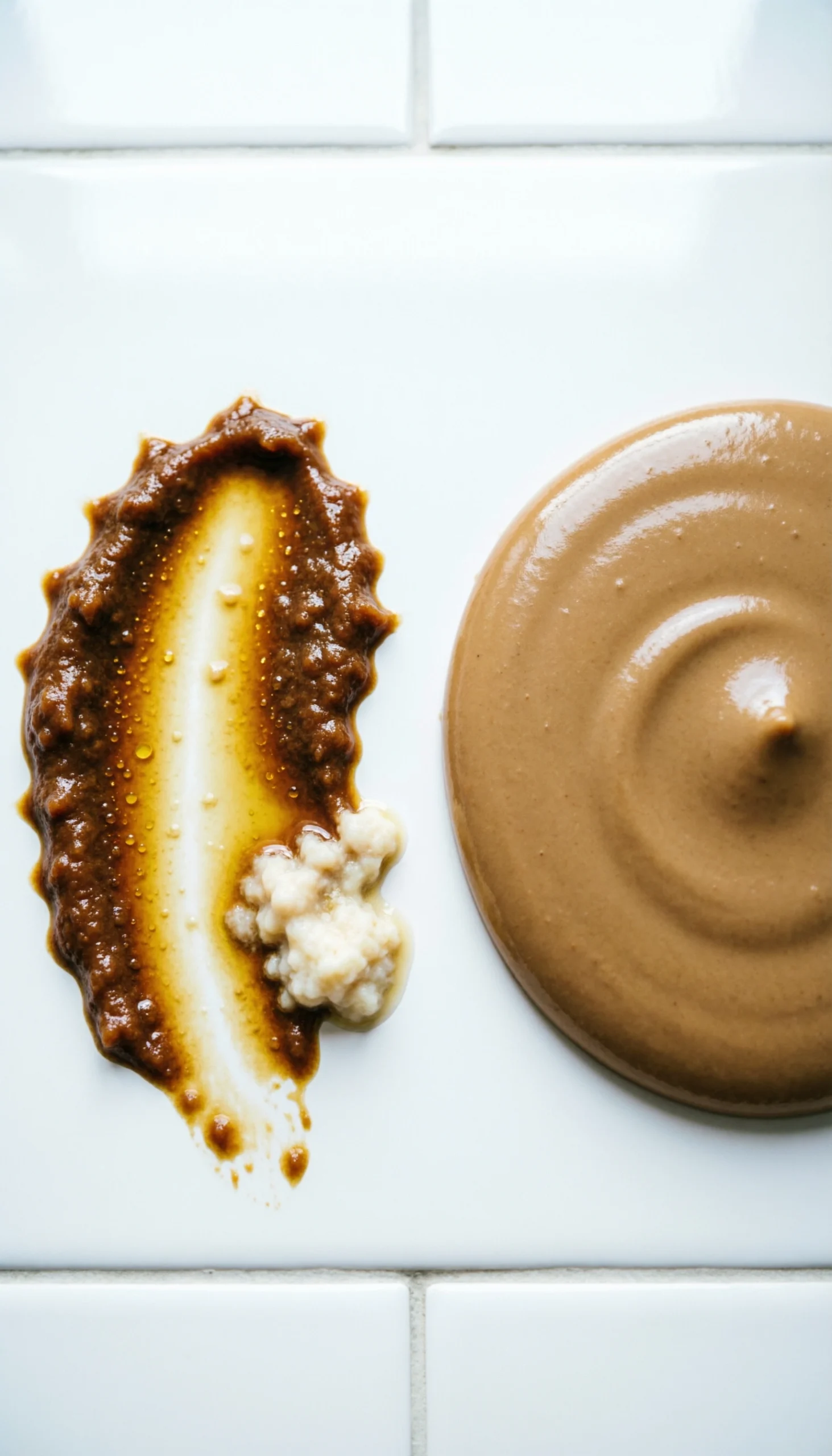 Side-By-Side Comparison Of A Curdled Oily Sauce Versus A Smooth And Velvety Tahini Sauce On White Kitchen Tile.
