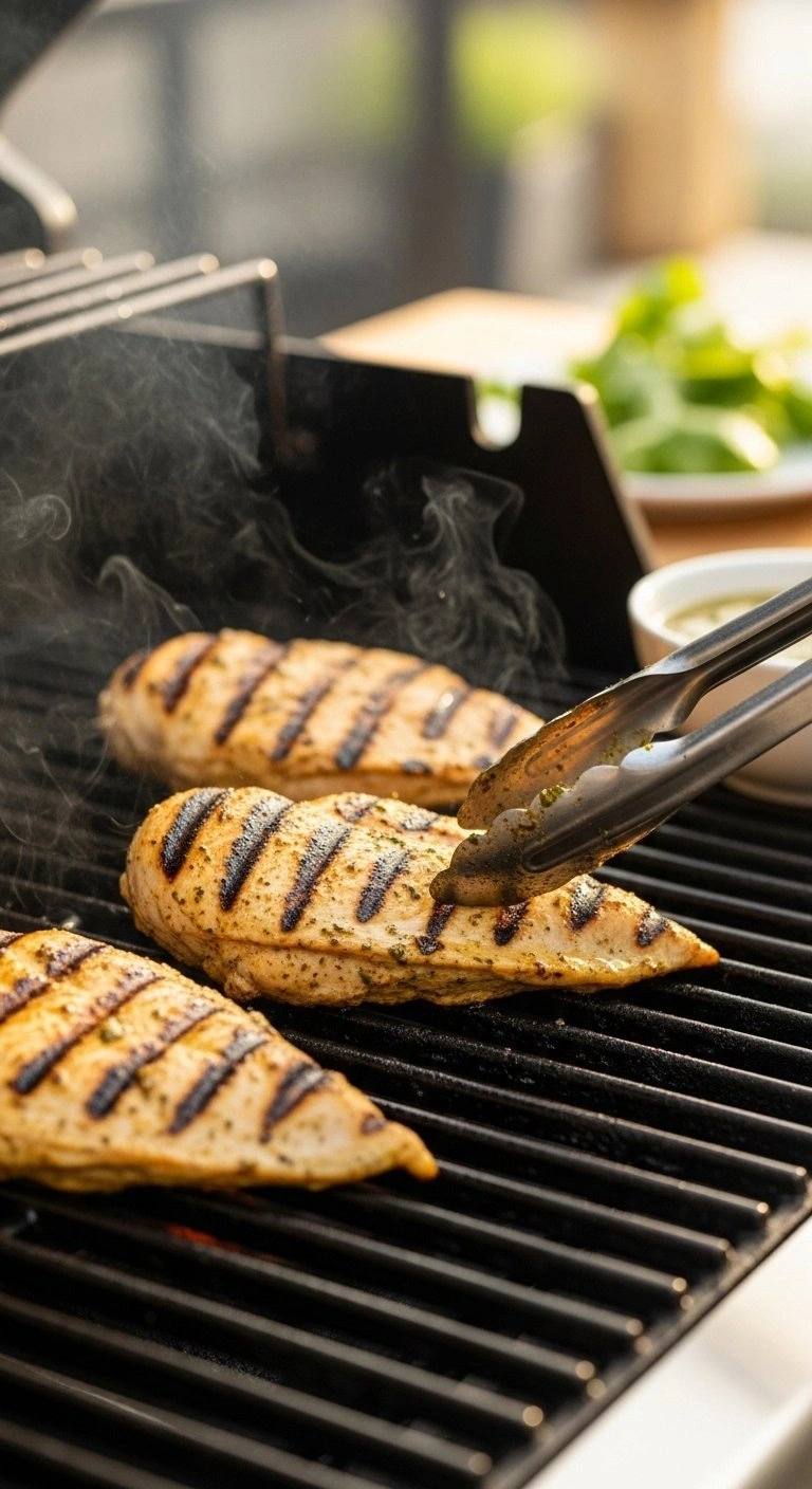 Sizzling Grilled Cilantro Lime Chicken Breasts With Char Marks On An Outdoor Grill During Golden Hour With Metal Tongs.