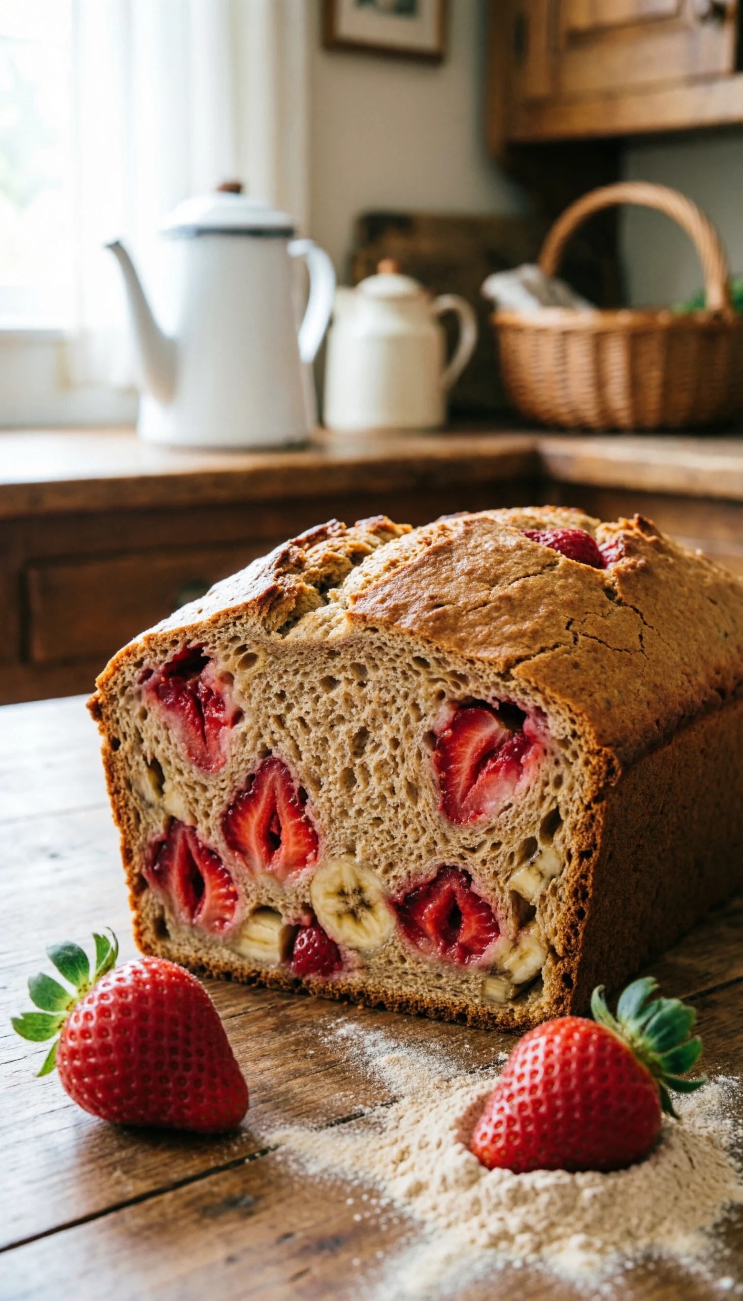 Slice Of Moist Whole Wheat Strawberry Banana Bread With Fresh Berries On A Rustic Wooden Table In A Farmhouse Kitchen.