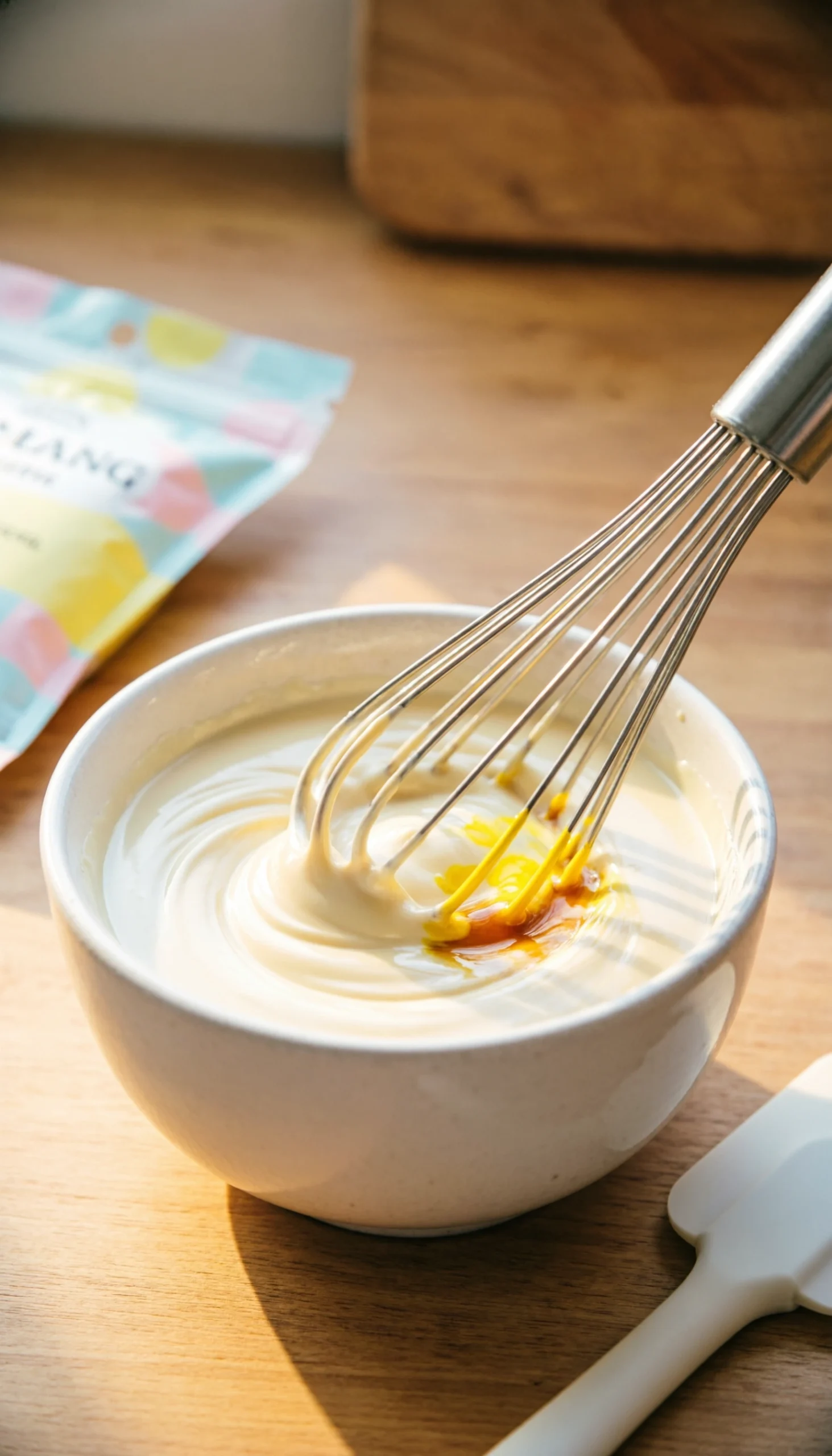Smooth Melted White Chocolate Being Stirred With Vibrant Yellow Food Coloring In A Bowl For A Glossy Dessert Coating.