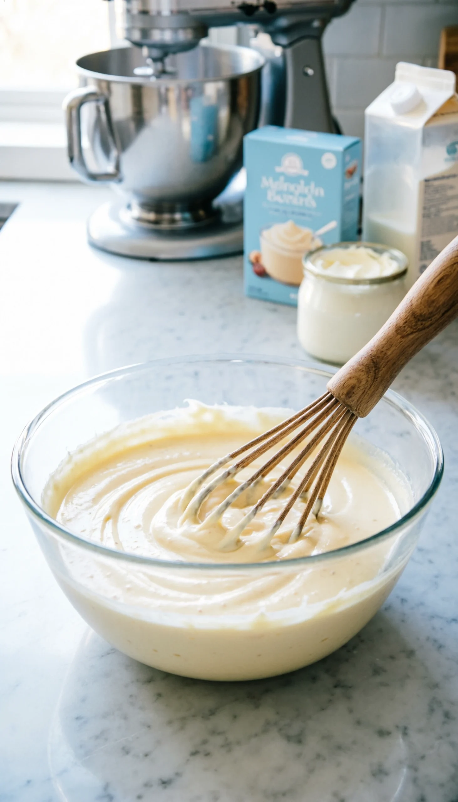 Smooth Vanilla Pudding And Sour Cream Mixture Is Whisked In A Glass Bowl On A Marble Counter, With Baking Ingredients Blurred.
