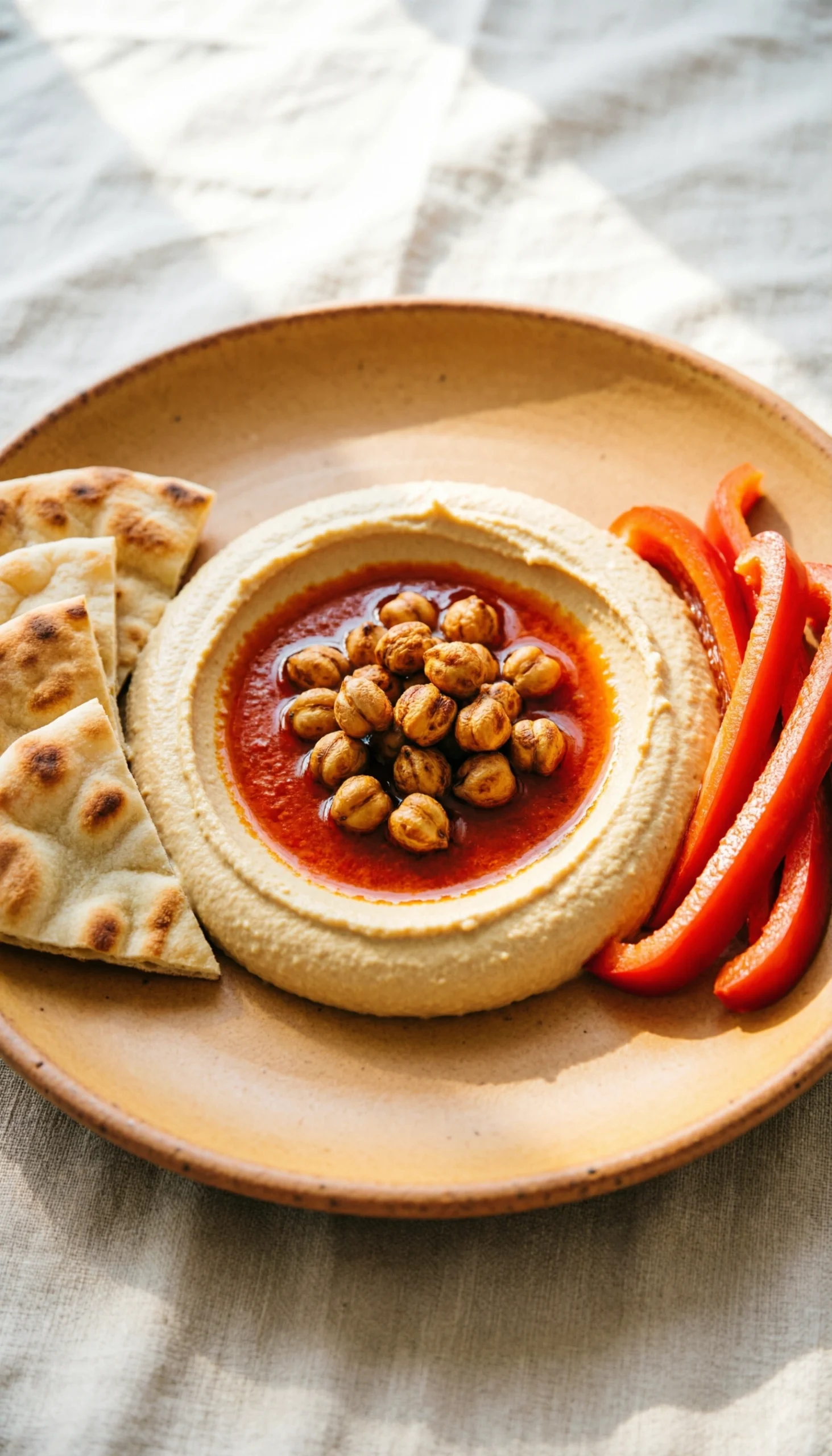 Spicy Mediterranean Hummus With Harissa Paste, Roasted Chickpeas, Pita Chips, And Red Bell Peppers.