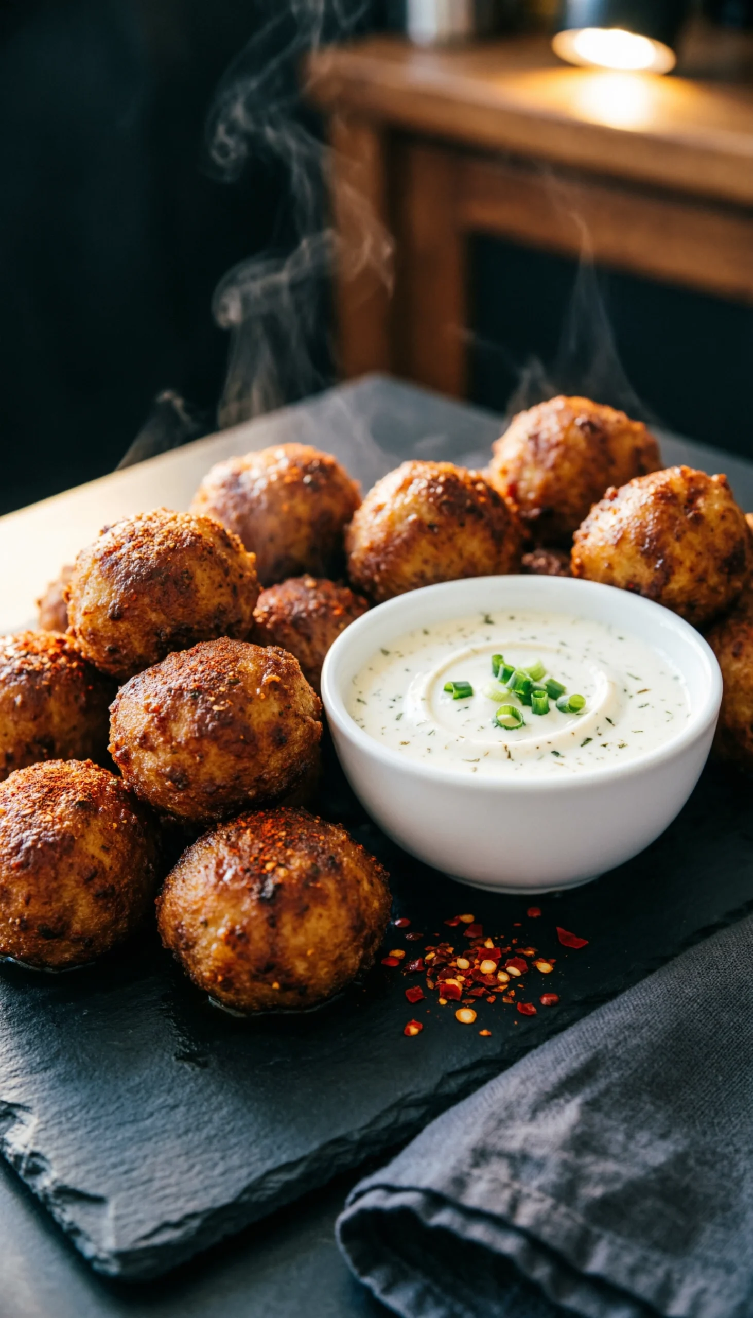Spicy Fried Tortellini Poppers On A Black Slate Tray Served With A Bowl Of Creamy Ranch Dip And Fresh Green Chives.