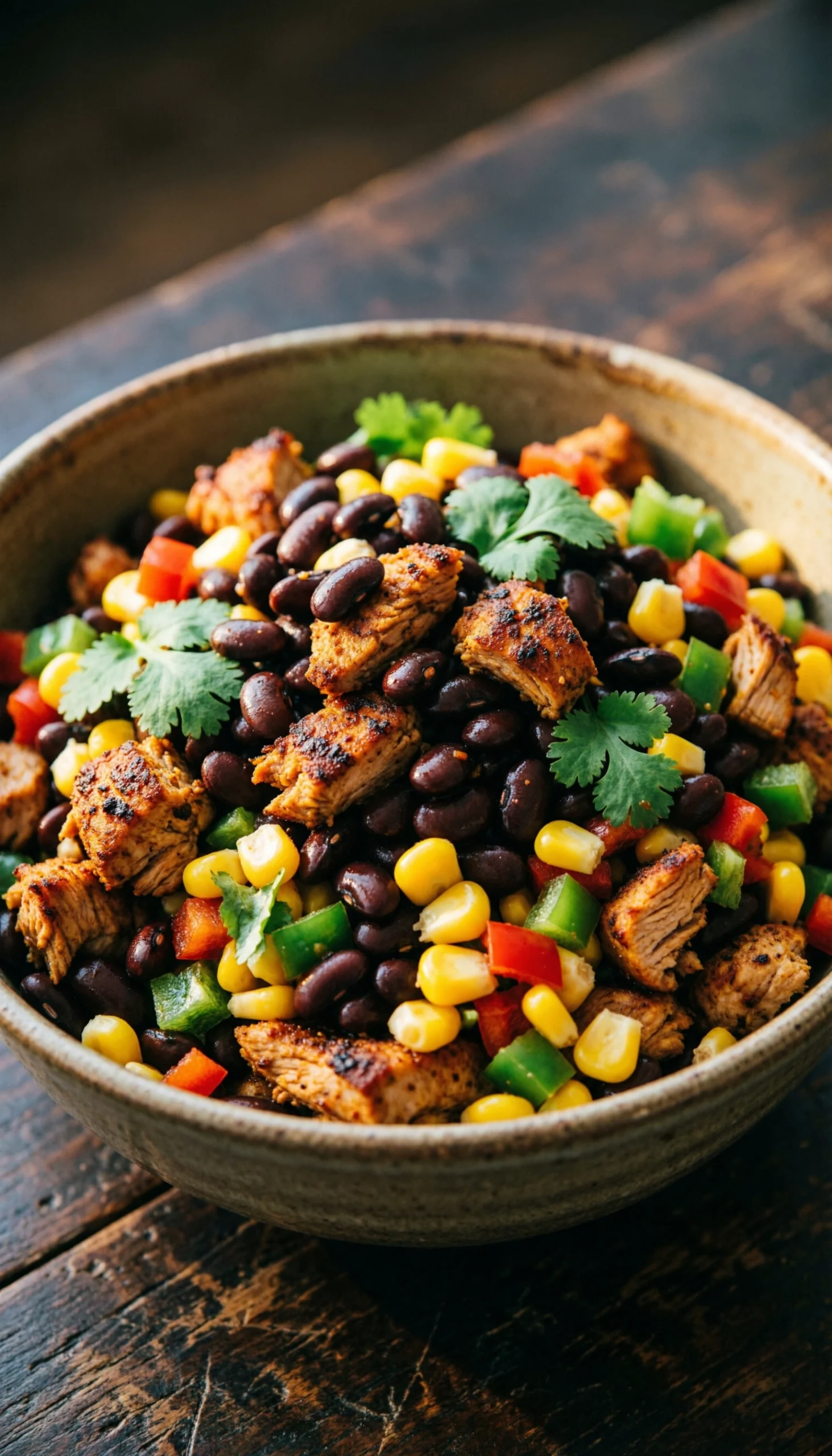 Spicy Turkey Black Bean Salad With Ground Turkey, Black Beans, Corn, Bell Peppers, And Cilantro.