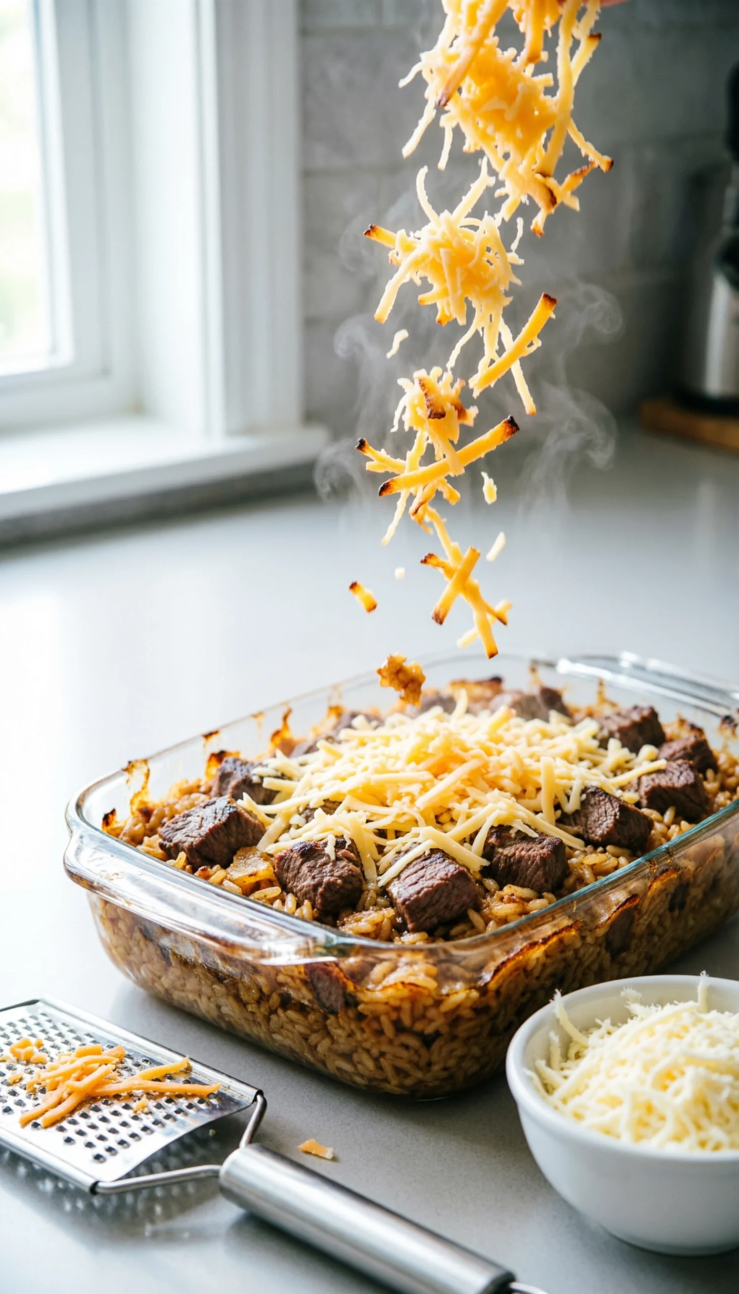 Sprinkling Shredded Cheddar Cheese Over A Bubbling Ground Beef And Rice Casserole In A Glass Baking Dish Before Baking.