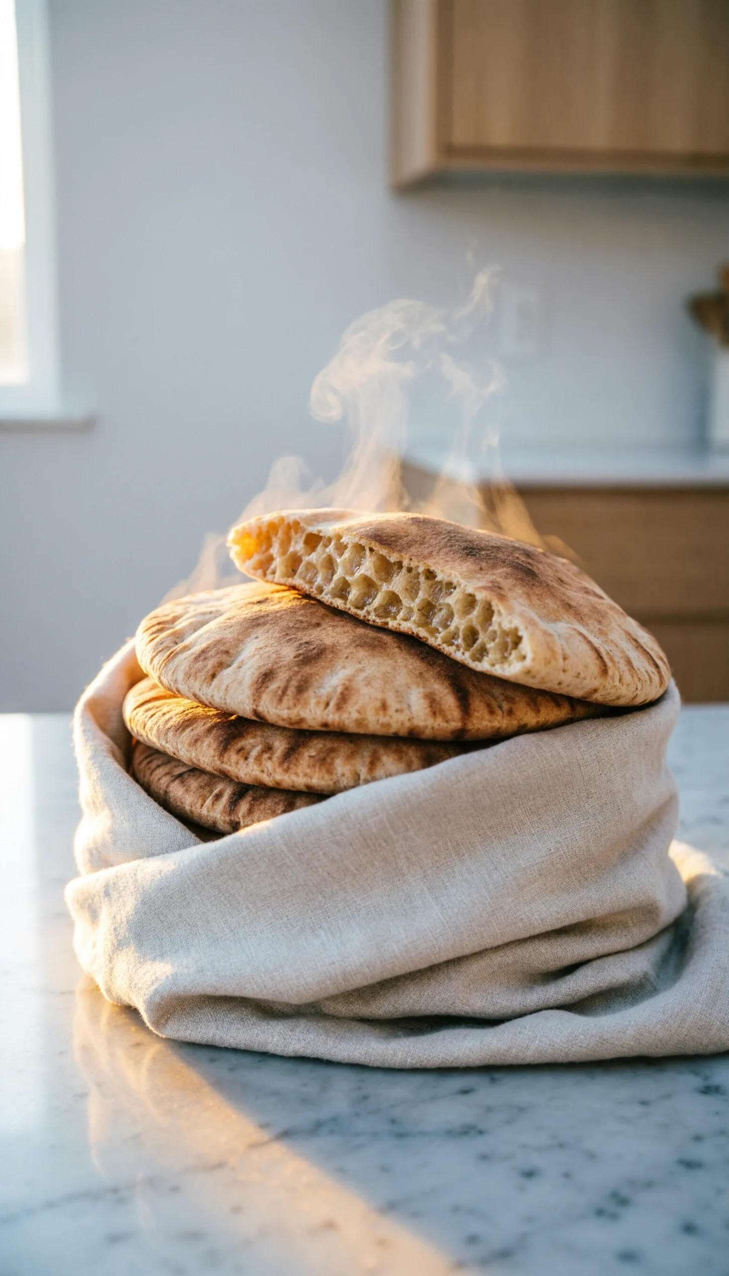 Stack Of Warm Whole Wheat Pita Breads, One Slightly Open Showing Steam, Wrapped In A Linen Towel On A Marble Countertop.