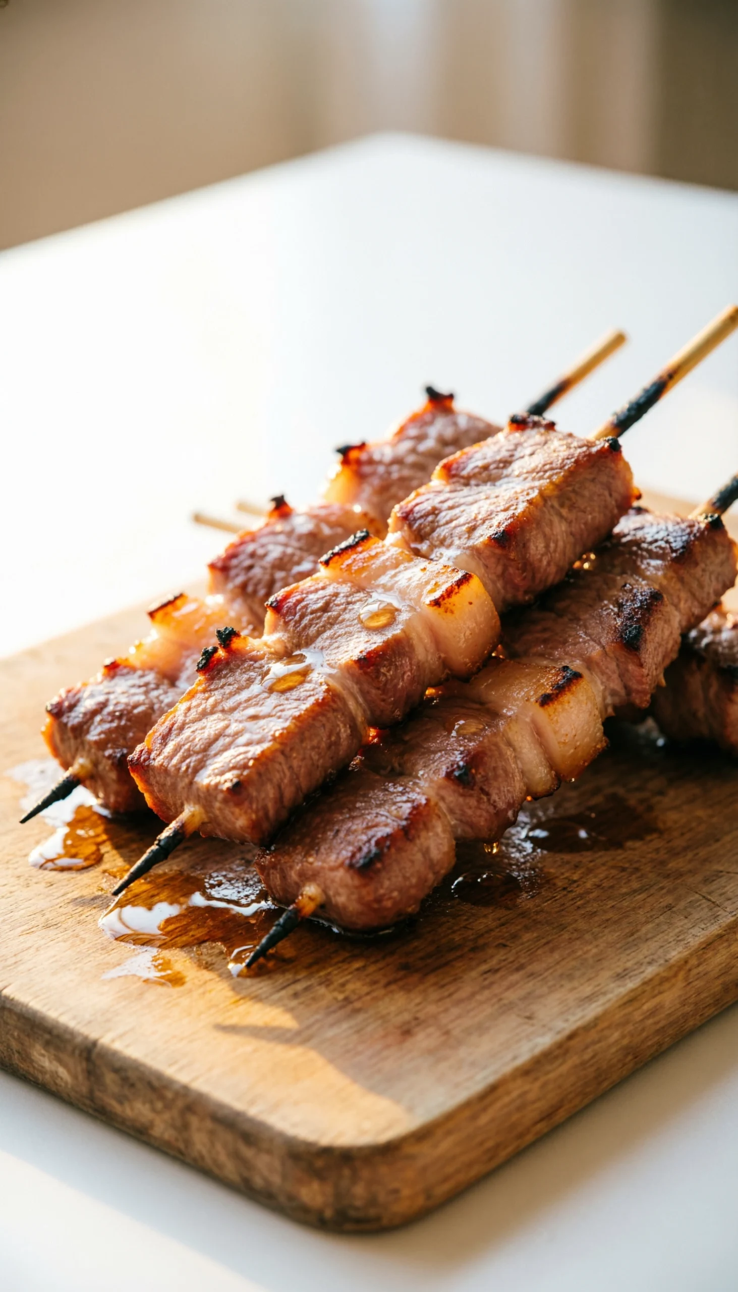 Succulent Finished Pork Skewers Are Resting On A Wooden Board With Visible Juices, Illuminated By Soft Natural Evening Light, Ready To Serve.