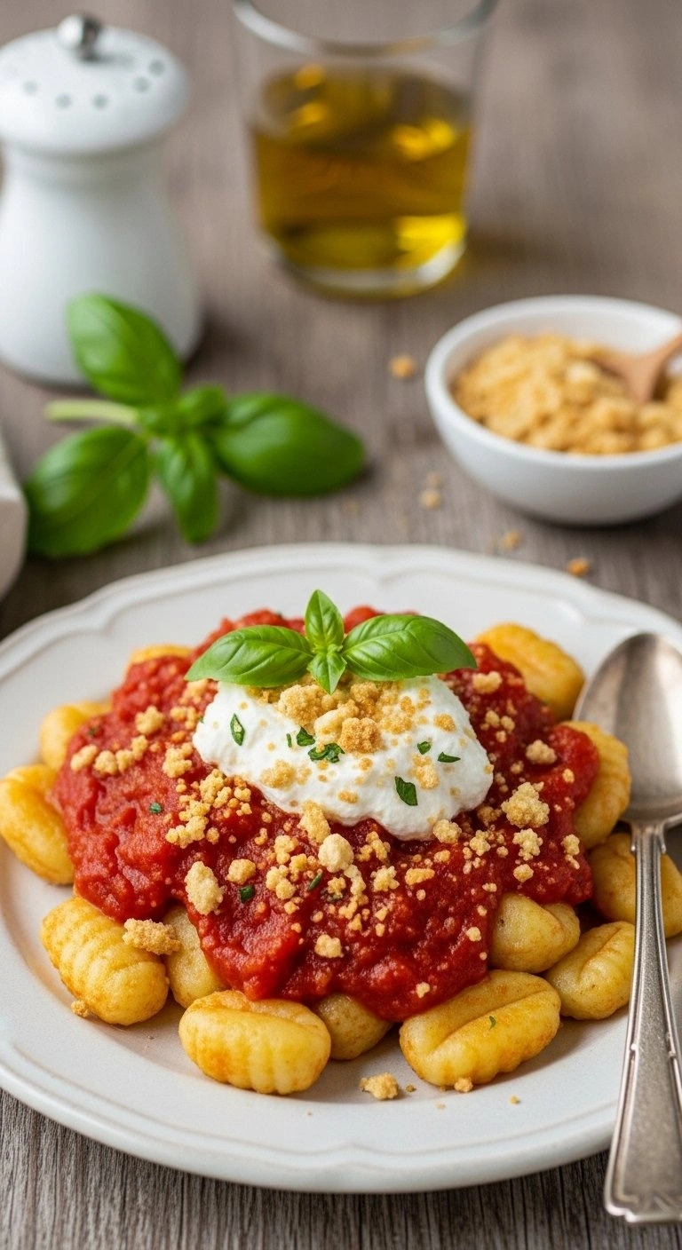 Tender Millionaire Gnocchi With Rich Red Sauce, Creamy Herbed Ricotta, And Golden Breadcrumbs On A Vintage Plate, Perfect For Dinner.