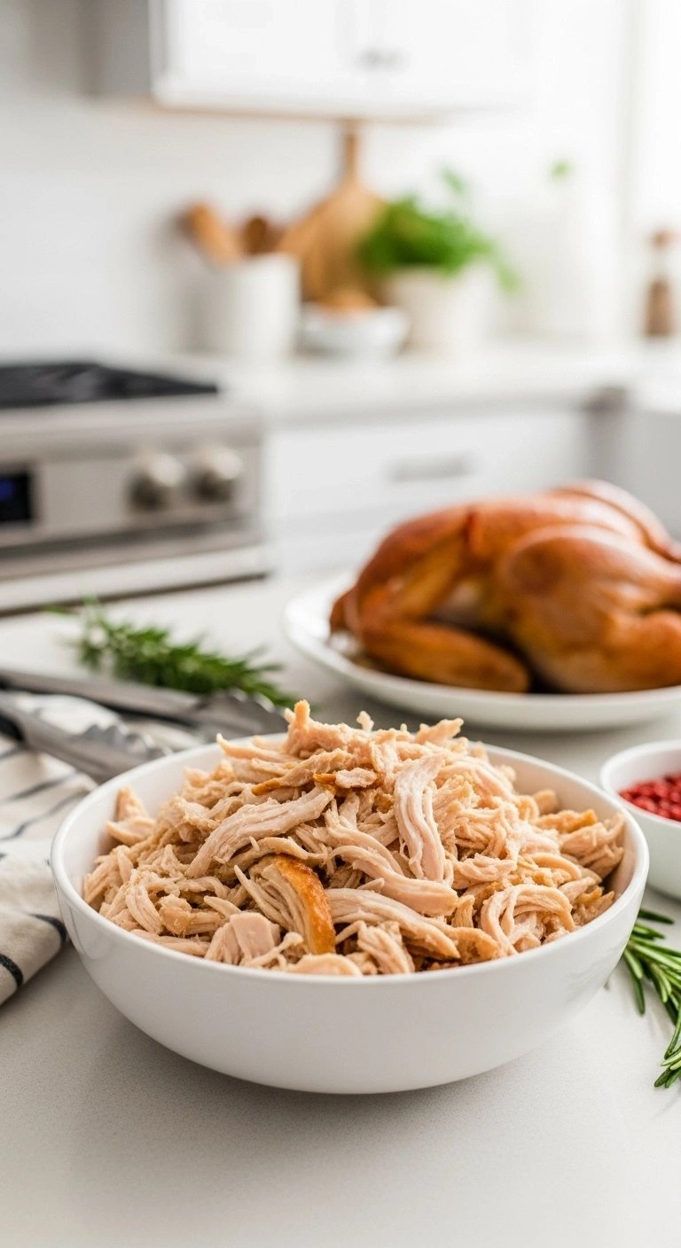 Tender Shredded Rotisserie Chicken Meat In A White Ceramic Bowl With A Sprig Of Fresh Rosemary On A Kitchen Counter.