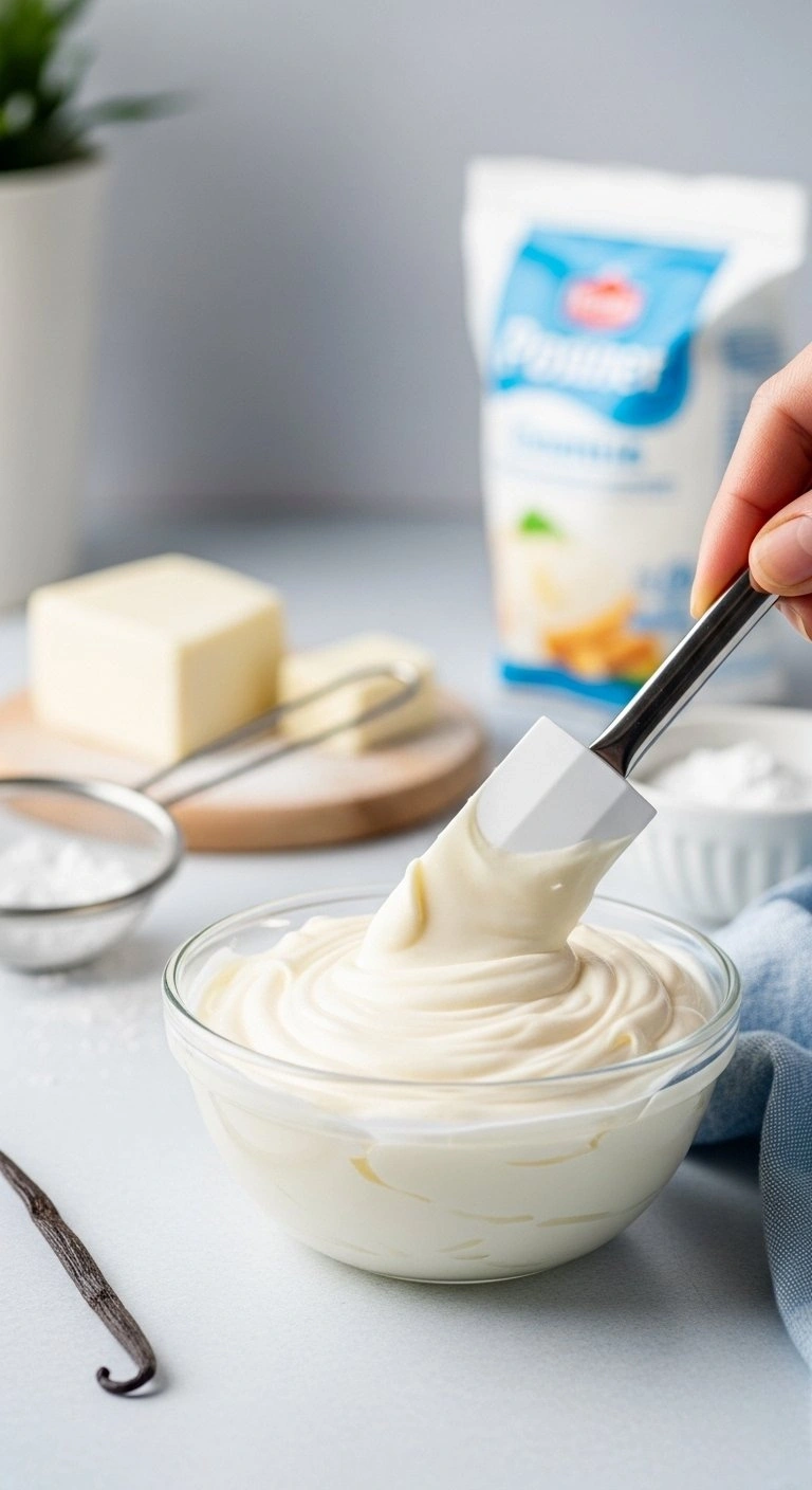Thick White Cream Cheese Glaze In A Glass Bowl With A Spatula, Perfect For Topping Freshly Baked Banana Bread.