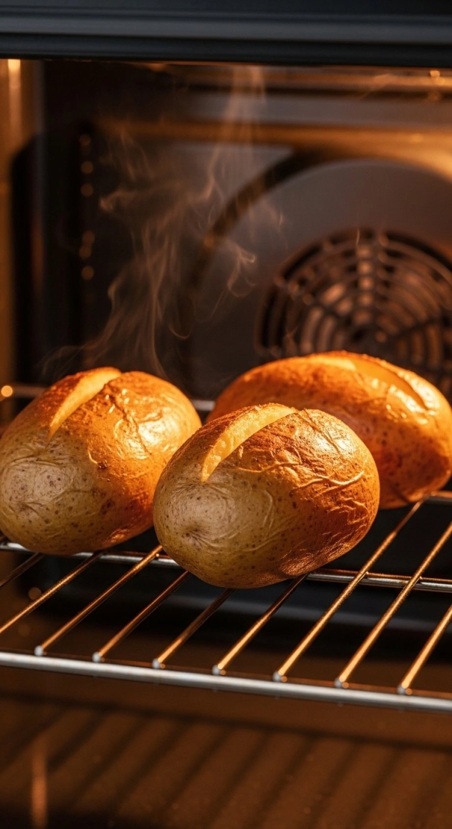 Three Golden-Brown, Crispy-Skinned Russet Baked Potatoes Rest Perfectly On An Oven Rack Inside A Hot Oven.