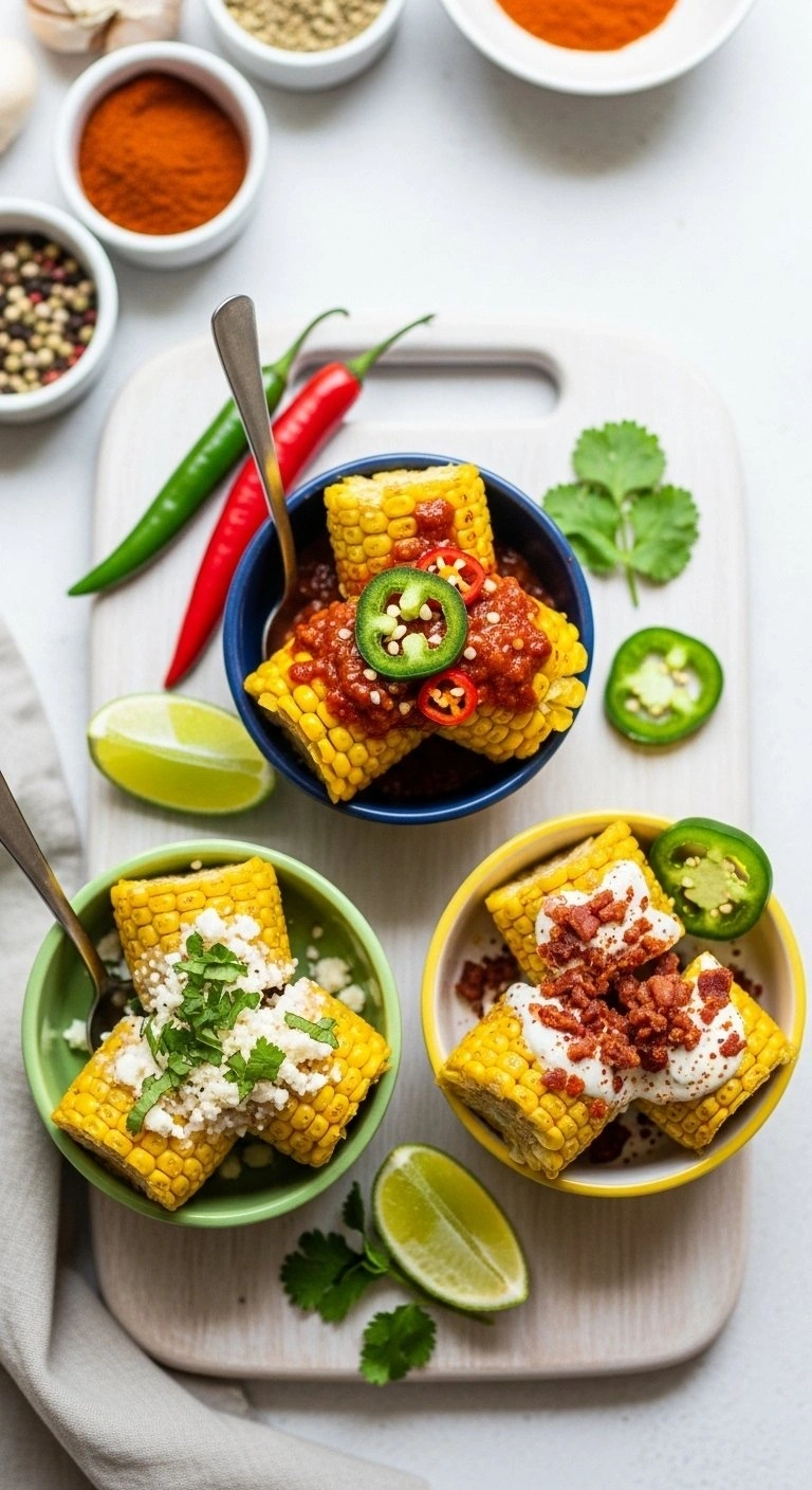 Three Small Bowls Of Mexican Street Corn Featuring Classic, Spicy, And Smoky Variations On A Wooden Board.