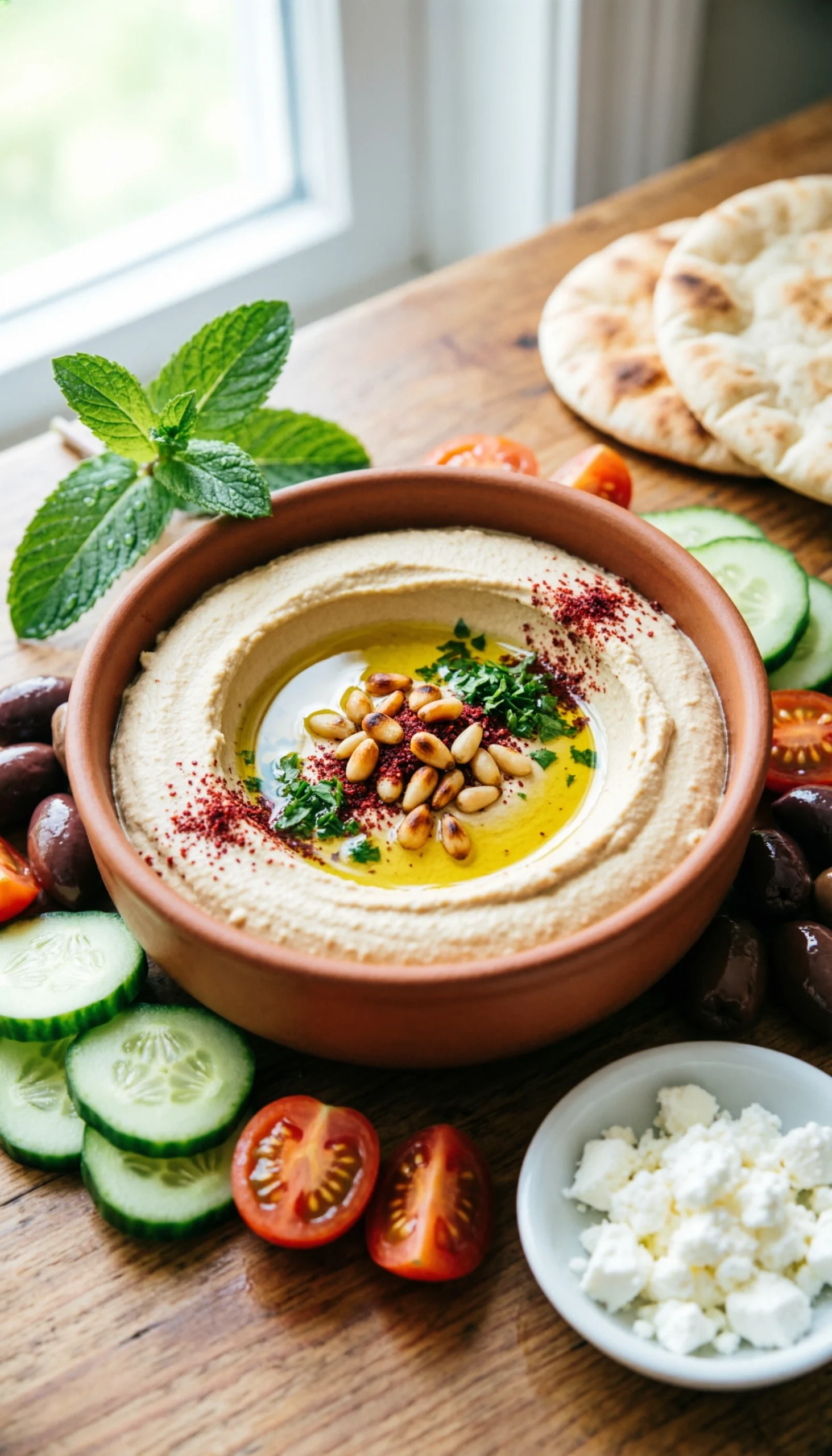 Top-Down Mediterranean Hummus Platter With Olive Oil, Pine Nuts, Sumac, Parsley, Cucumber, Tomatoes, Olives, Feta.