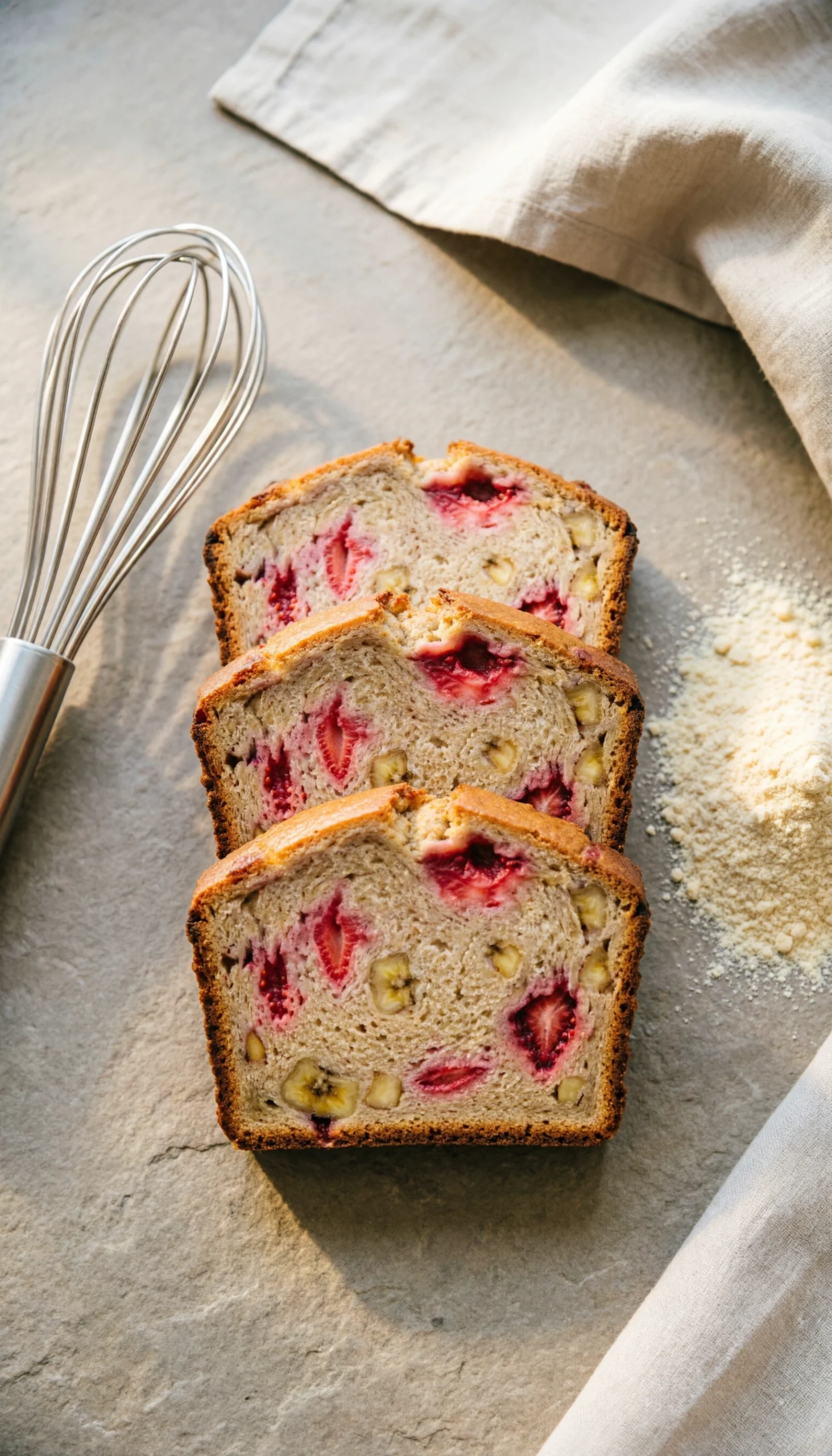 Top-Down Flat Lay Of Gluten-Free Strawberry Banana Bread Slices With Almond Flour On A Neutral Linen And Stone Surface.
