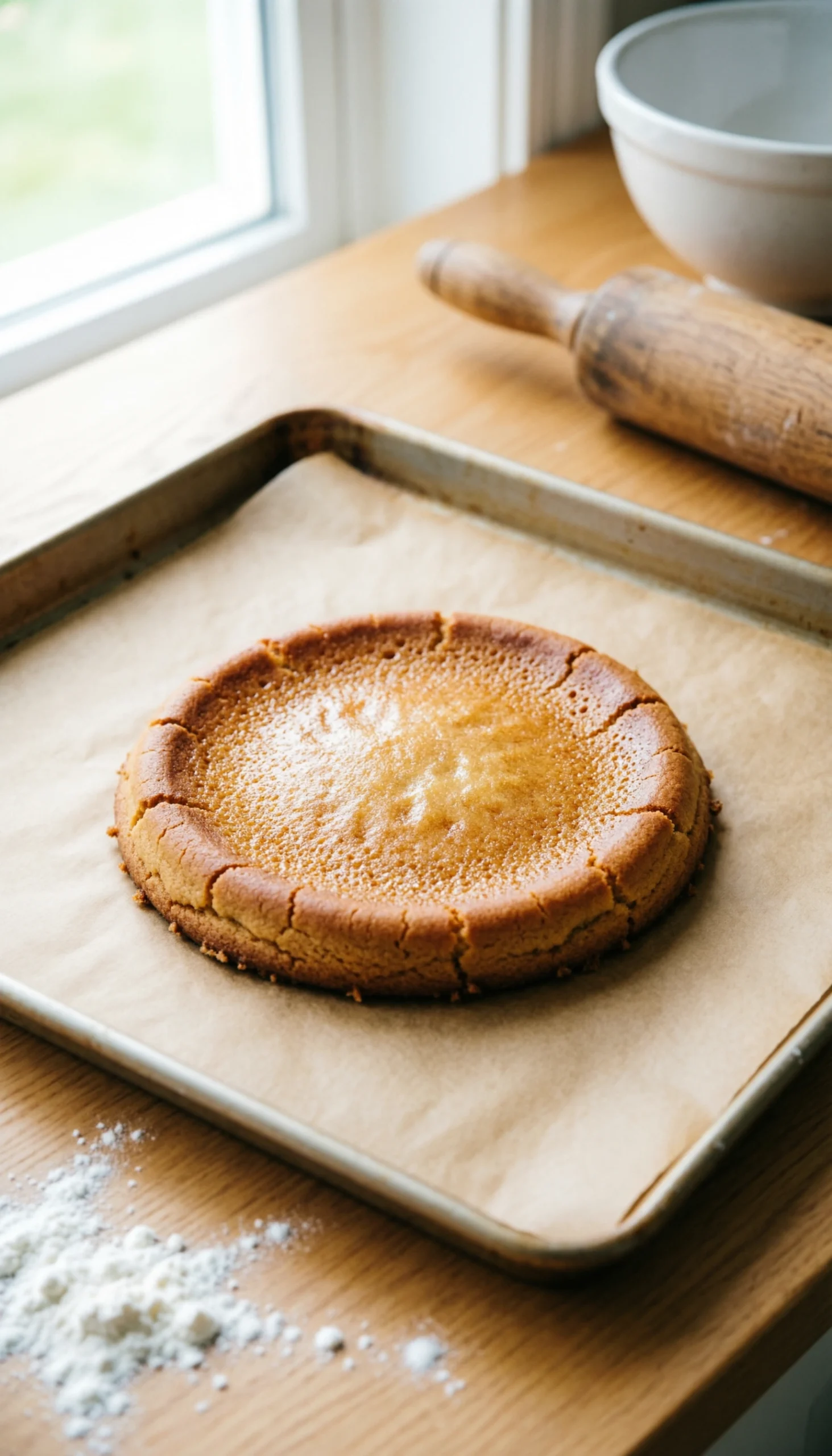 Top-Down Flat Lay Of Golden Crème Brûlée Cookies On Parchment Paper Over A Rustic Wooden Kitchen Countertop.
