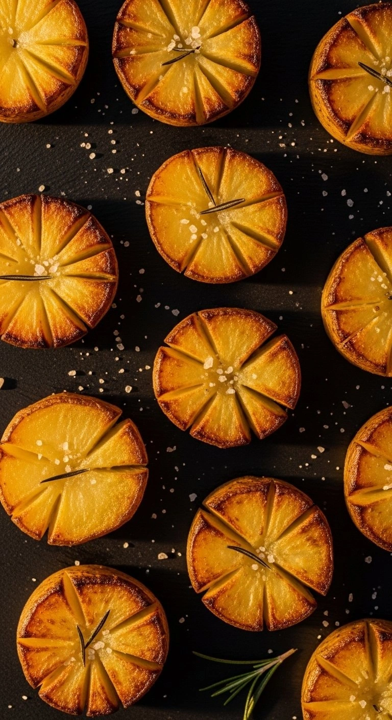 Top-Down Flat Lay Of Golden-Brown Roasted Potato Slices With Sea Salt And Rosemary On A Dark Stone Surface.