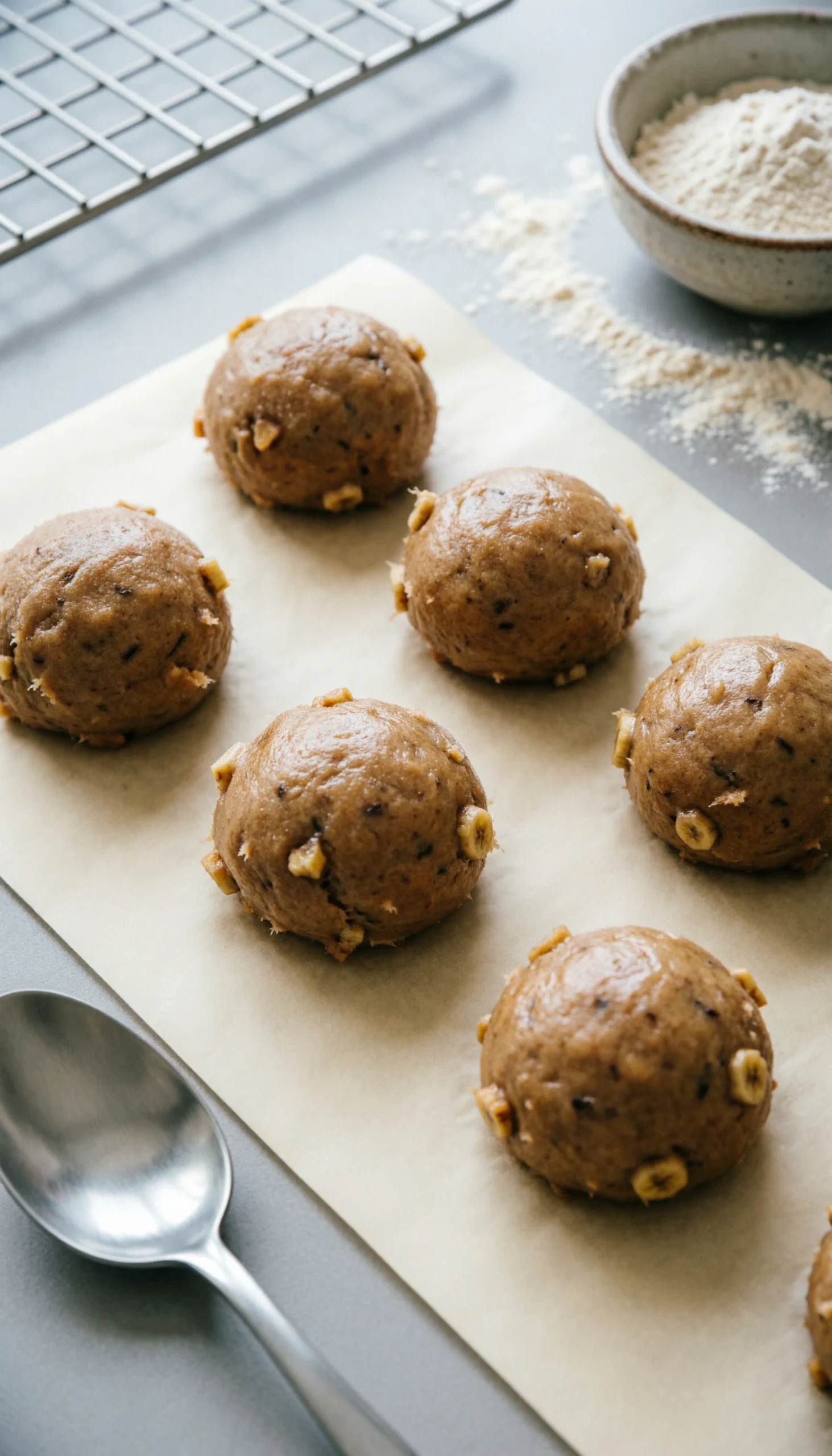 Top-Down Flat Lay Of Raw Banana Bread Cookie Dough Balls On A Parchment-Lined Baking Sheet With A Cookie Scoop.