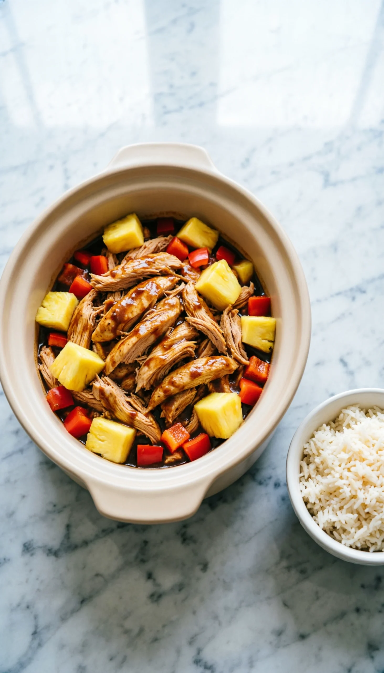 Top-Down Flat Lay Of Shredded Chicken In Dark Bbq Bourbon Sauce With Pineapple And Bell Peppers In A Slow Cooker, Alongside Coconut Rice.