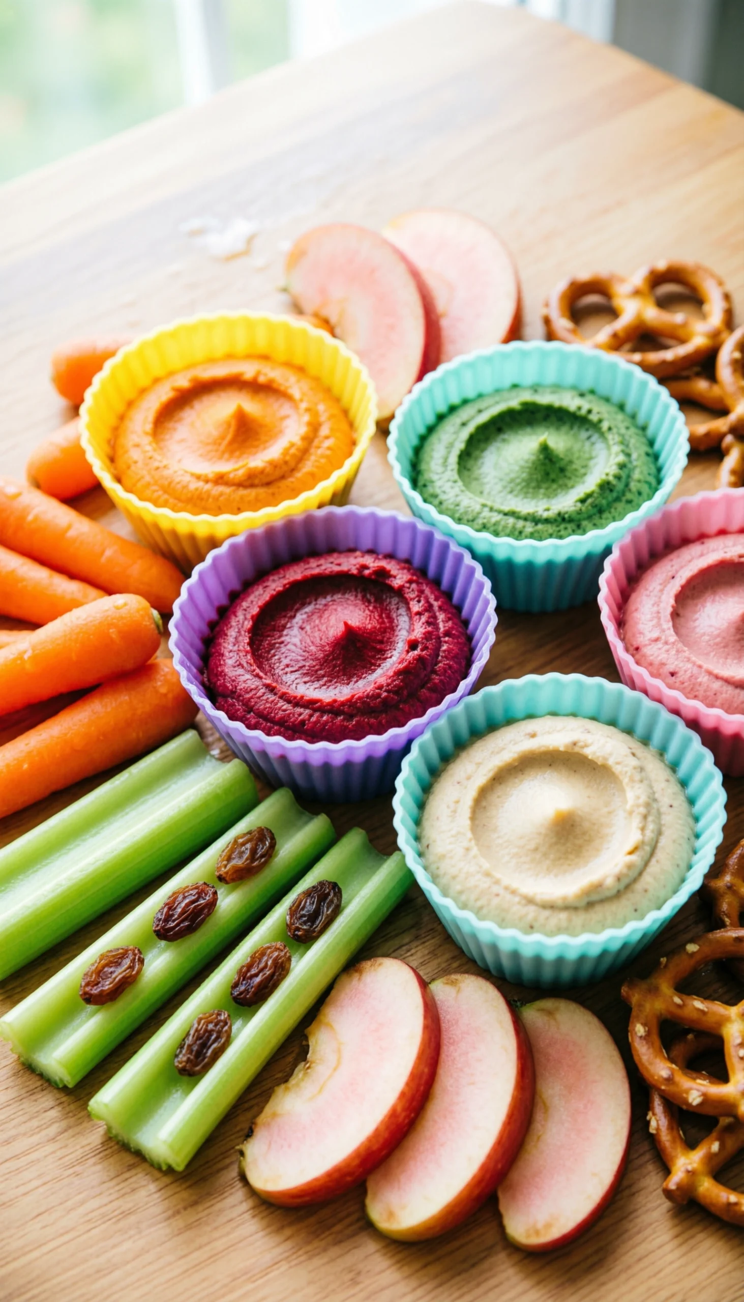Top-Down Kid-Friendly Hummus Snack Board With Colorful Cups, Baby Carrots, Celery, Pretzels, And Apple Slices.