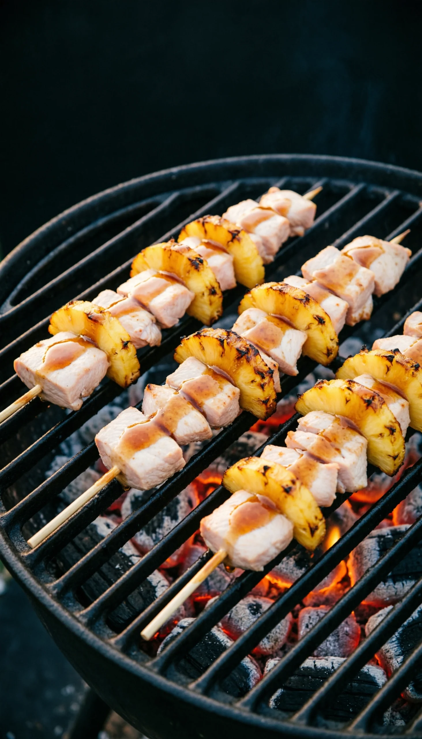 Top-Down Shot Of Chicken And Charred Pineapple Skewers Glistening With Bourbon Sauce On A Black Grill Grate With Embers.
