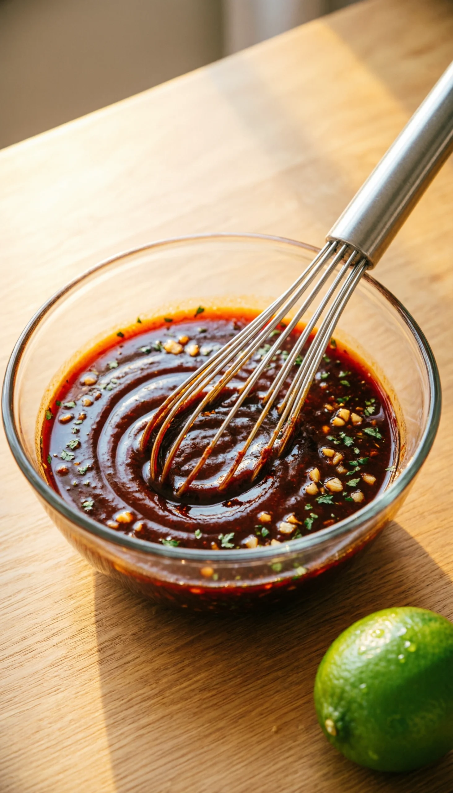 Top-Down View Of A Clear Glass Bowl Holding Dark Mahogany Bbq Marinade With A Whisk, Showing Visible Garlic And Herbs On A Wooden Table.