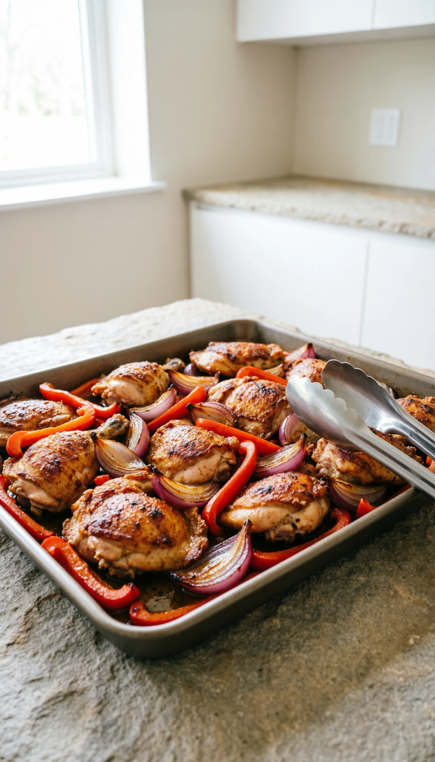 Top-Down View Of Charred Chicken, Vibrant Red Bell Pepper Strips, And Caramelized Red Onion On A Sheet Pan With Tongs.