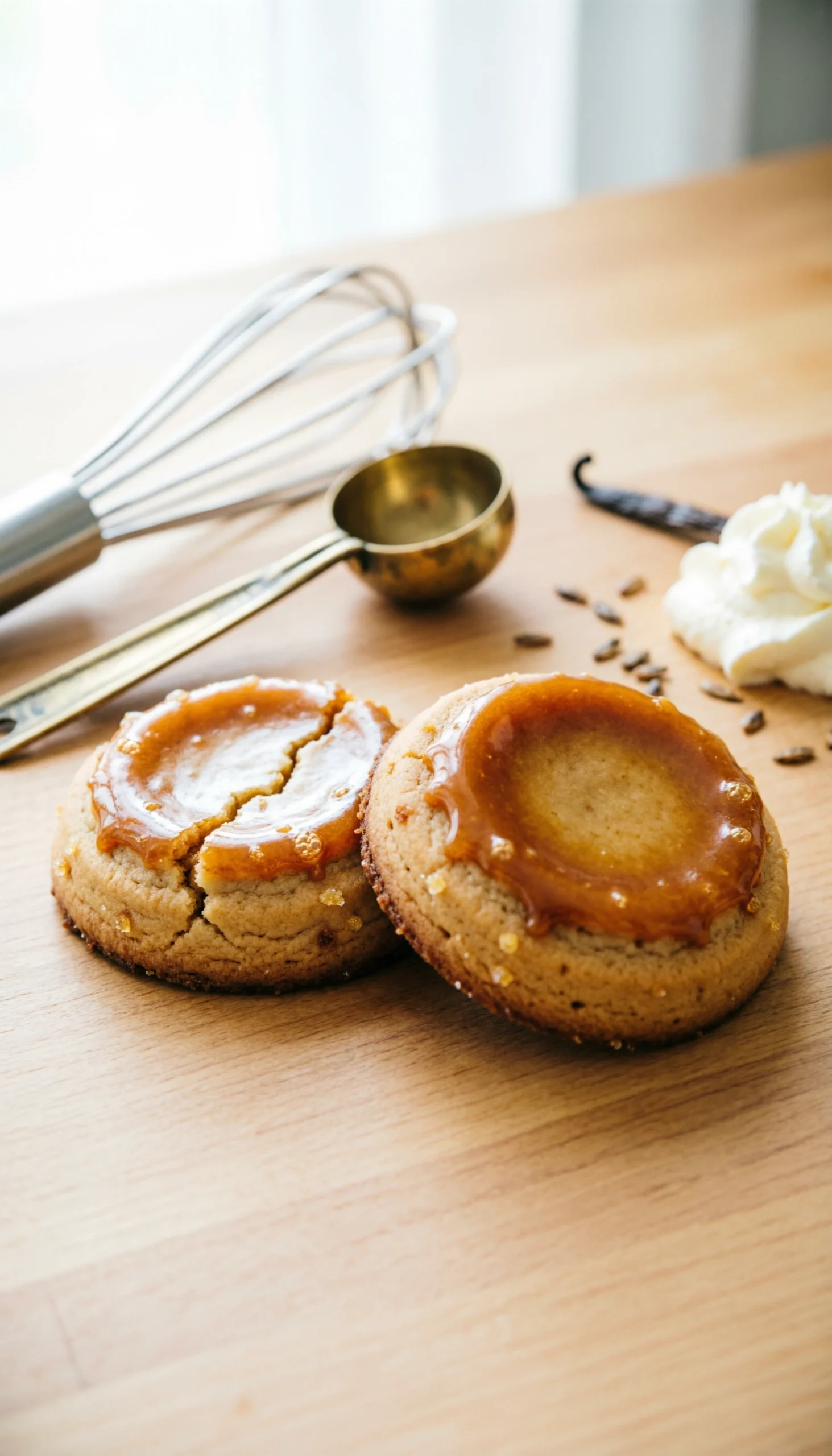 Top-Down View Of Golden Crème Brûlée Cookies On A Wooden Table, Showing Realistic Textures And Baking Variations.