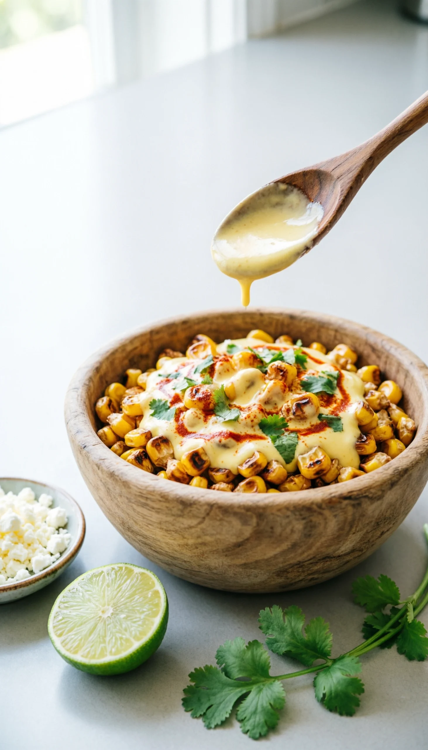 Top-Down View Of Mixing Mexican Street Corn With Creamy Sauce And Fresh Cilantro In A Rustic Wooden Bowl.