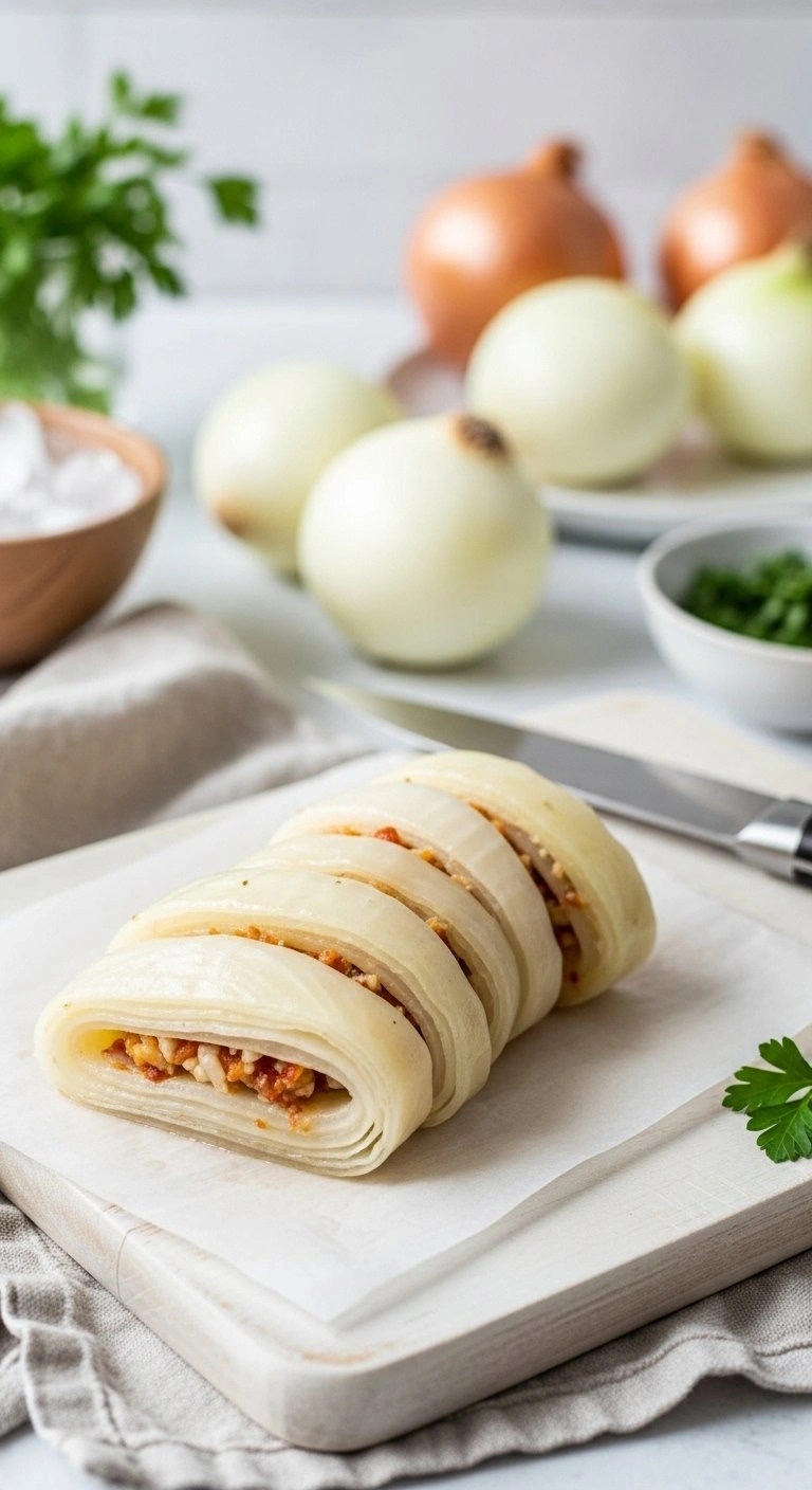 Top-Down View Of Tender White Onion Layers Fanned On A Wooden Cutting Board, Ready For Stuffing And Cooking.