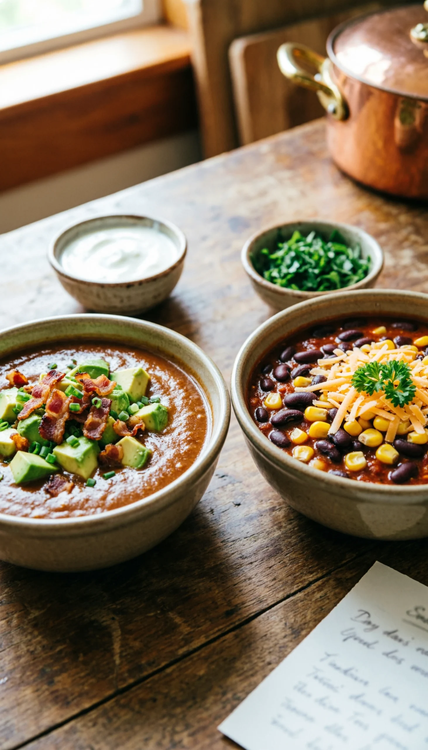 Two Slow Cooker Chili Bowls, A Keto Version With Avocado And Traditional With Beans, Show Versatile Dietary Options.