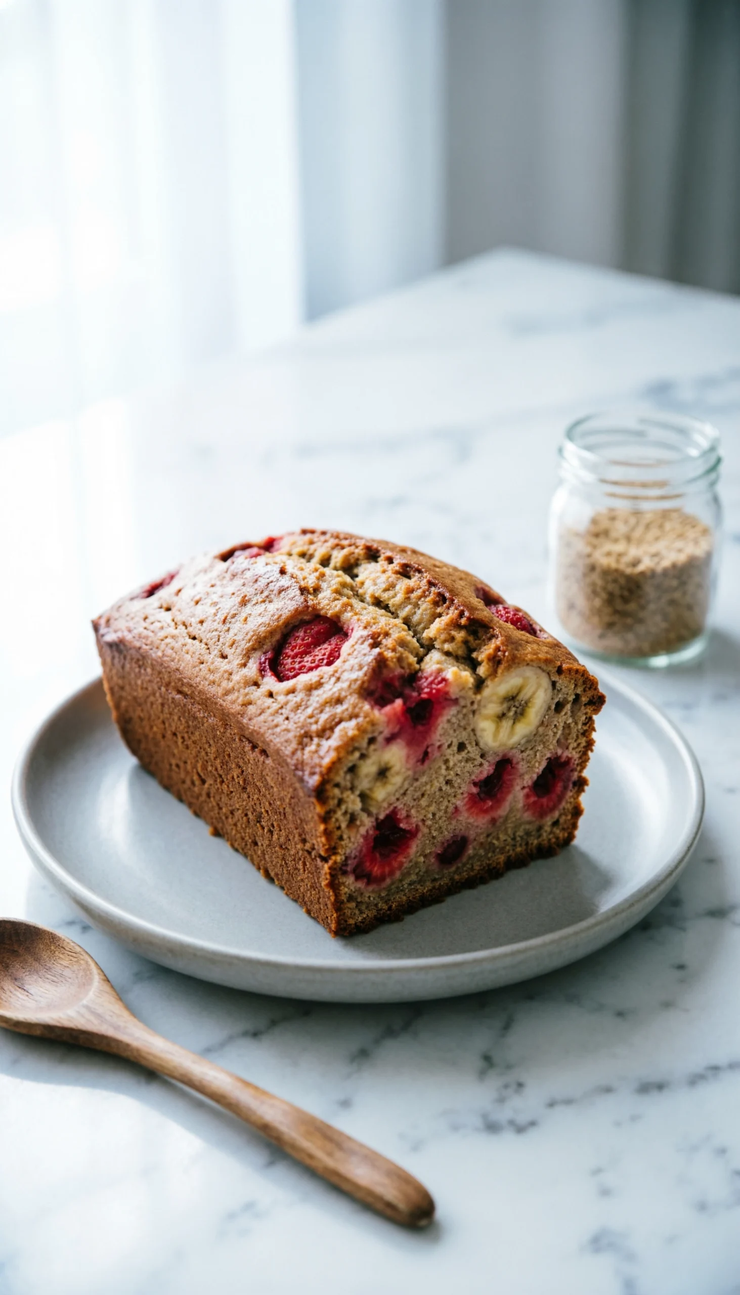 Vegan Strawberry Banana Bread Slice On A Minimalist Gray Plate With Ground Flaxseeds And A White Marble Background.