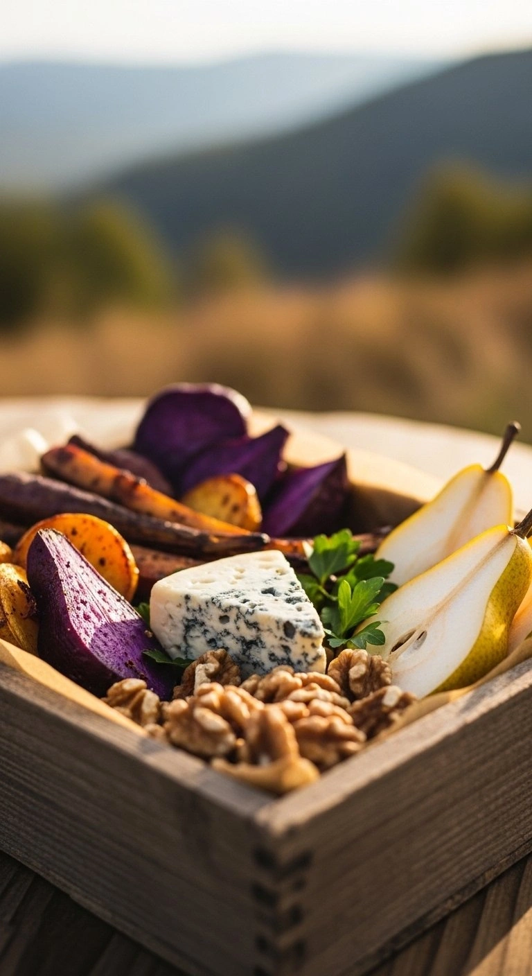 Vegetarian Harvest Party Food Box With Roasted Root Vegetables, Blue Cheese, And Pears In A Rustic Wooden Container.