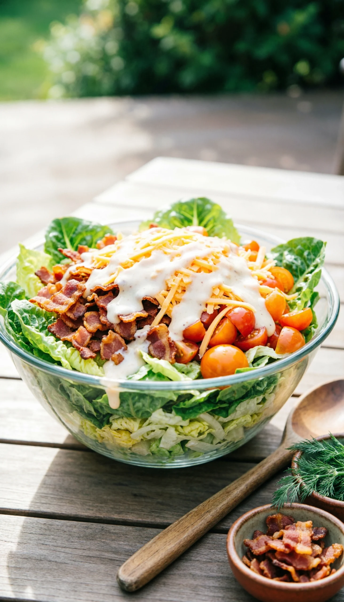 Vibrant Bacon Ranch Chopped Salad With Crisp Lettuce, Bacon, Cheese, Tomatoes, And Ranch In A Glass Bowl On A Rustic Outdoor Table.
