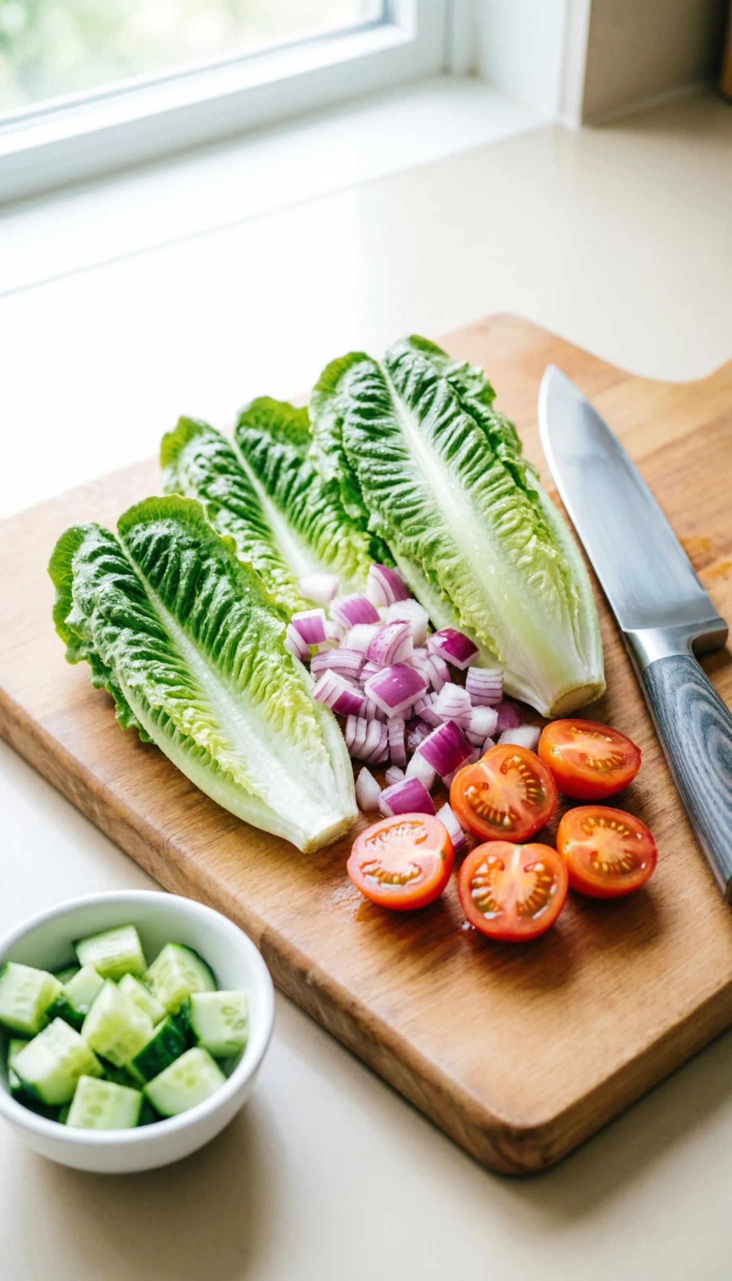 Vibrant Chopped Romaine, Iceberg Lettuce, Red Onion, And Cherry Tomatoes On A Wooden Cutting Board With A Chef's Knife For Fresh Salad.