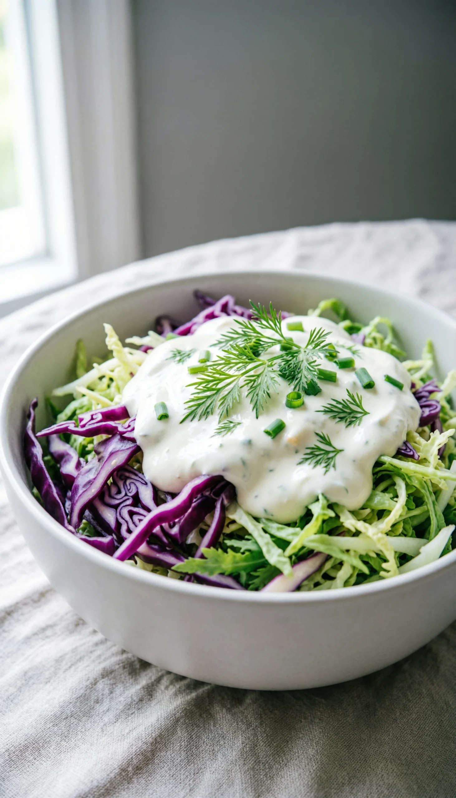 Vibrant Creamy Cabbage Slaw With Shredded Purple And Green Cabbage In Greek Yogurt Dressing, Dill, And Chives In A Ceramic Bowl.