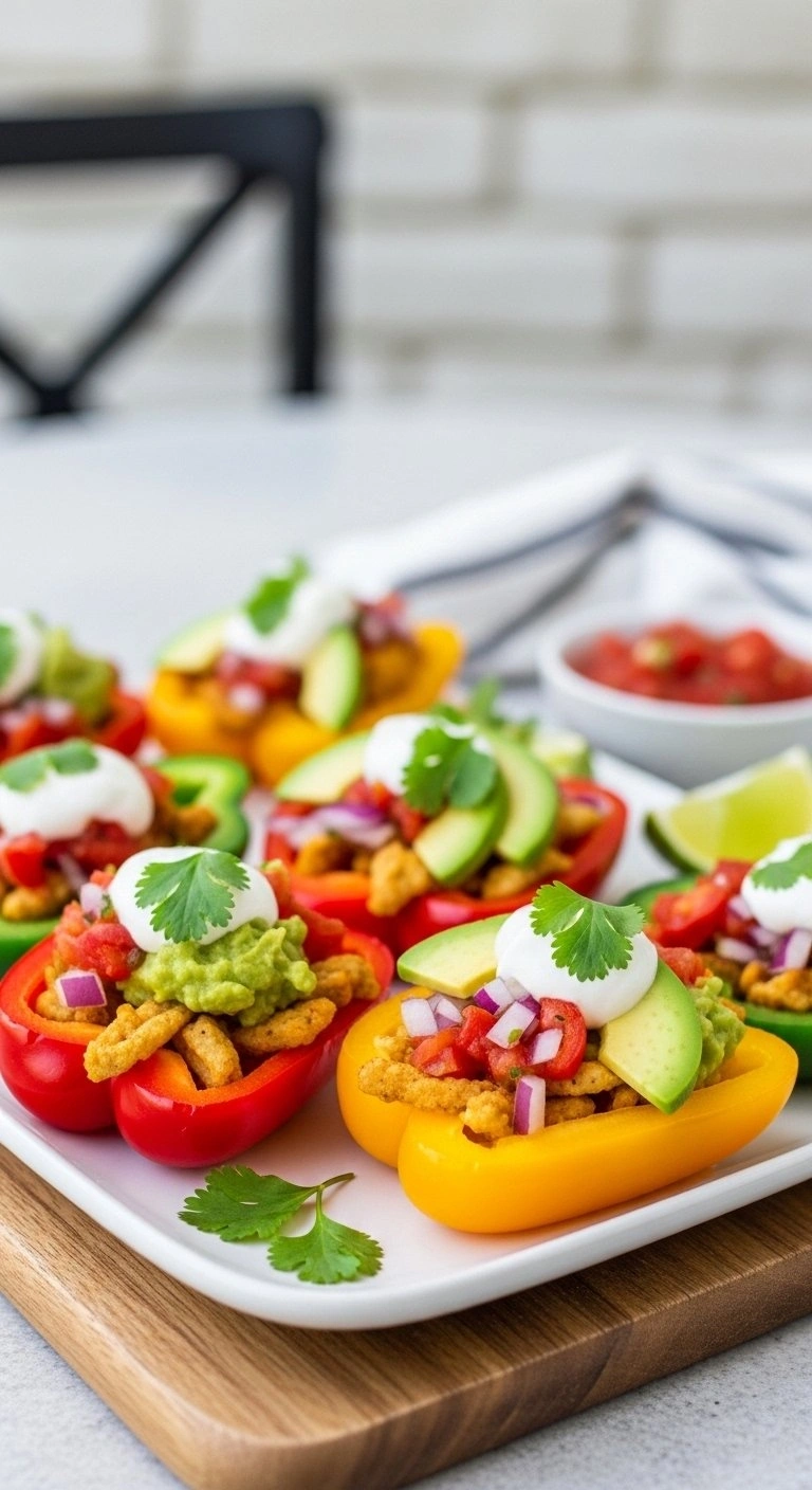 Vibrant Mini Bell Pepper Nachos Topped With Salsa, Avocado, And Cilantro Served On A Rustic Wooden Board Outdoors.