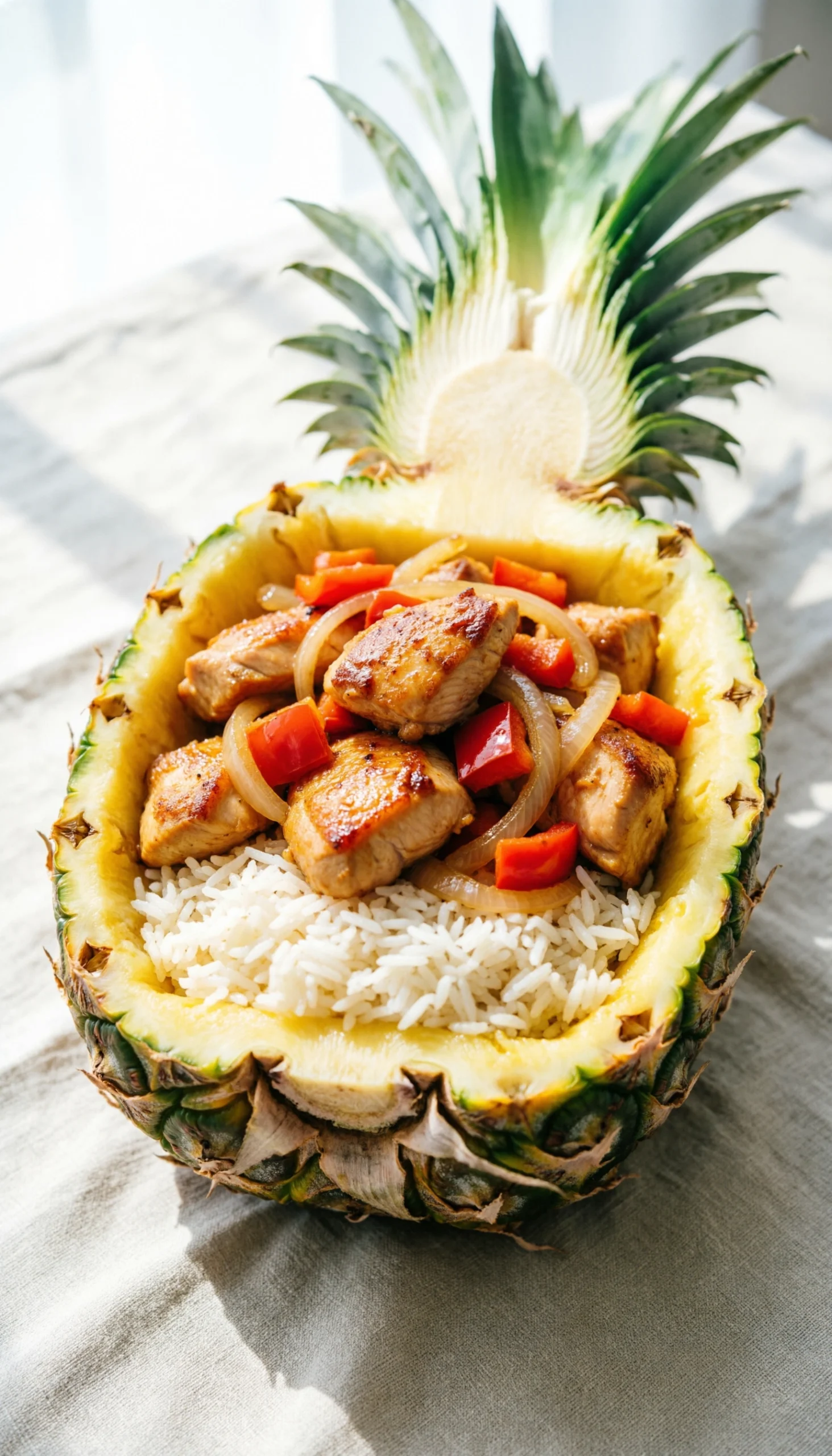 Vibrant Pineapple Bourbon Chicken Bites With Red Peppers And Onions, Served Over Coconut Rice In A Hollowed Pineapple Bowl.