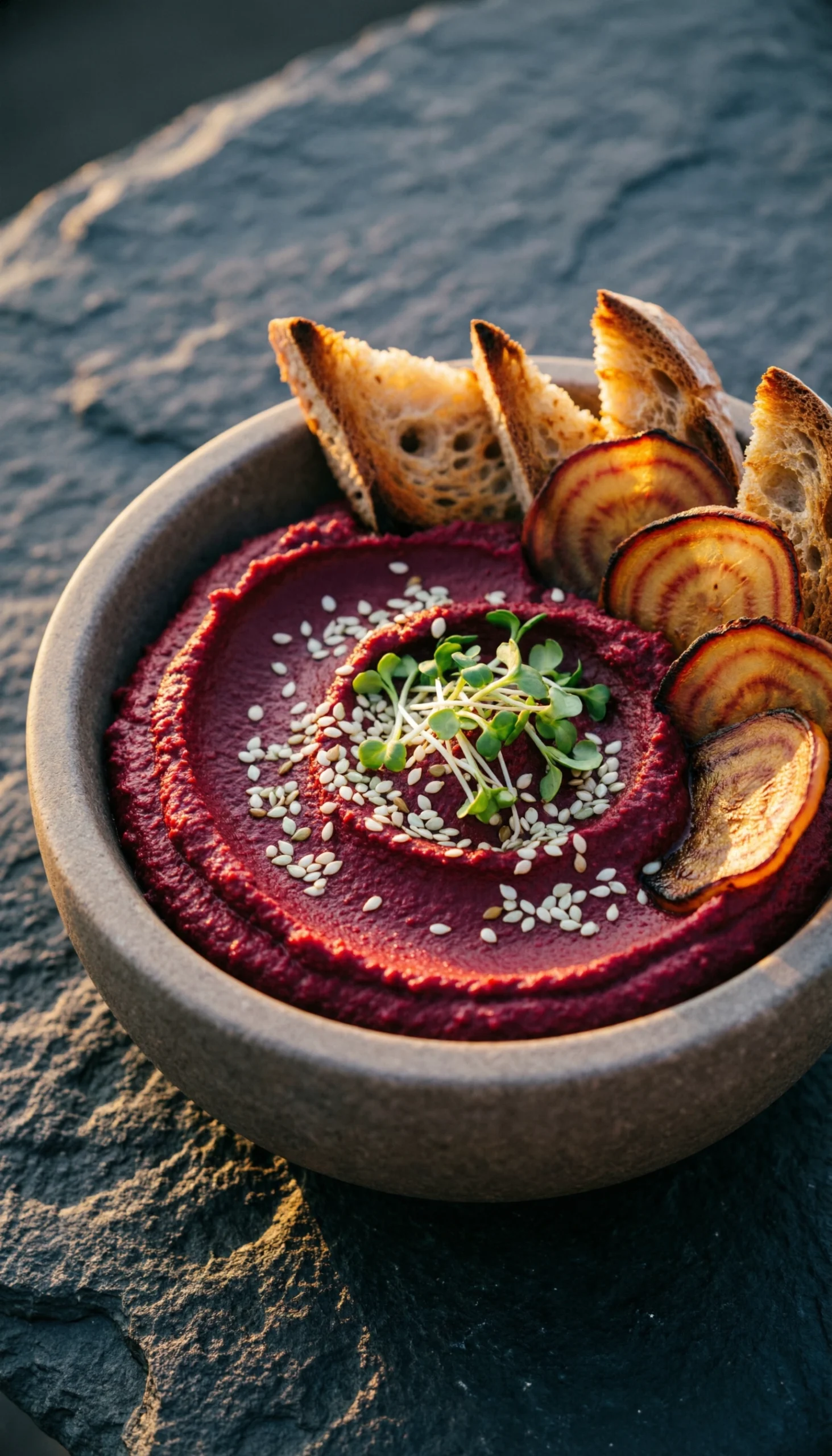 Vibrant Pink Roasted Beet Hummus With Hemp Seeds, Microgreens, Toasted Sourdough, And Golden Beet Slices.