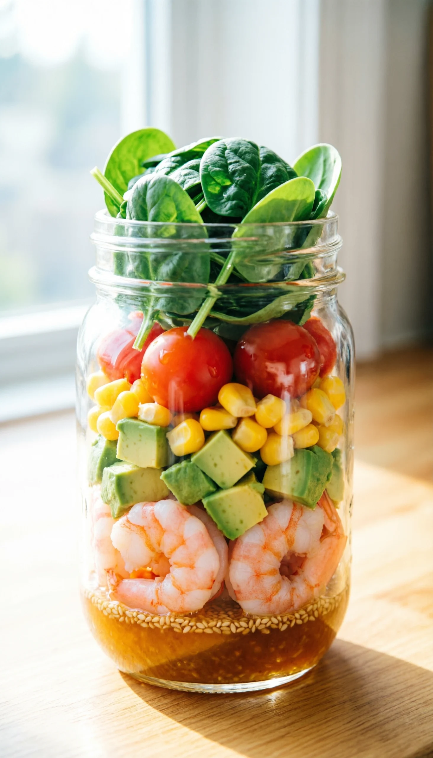 Vibrant Shrimp And Avocado Mason Jar Salad Featuring Shrimp, Avocado, Corn, Tomatoes, And Spinach.