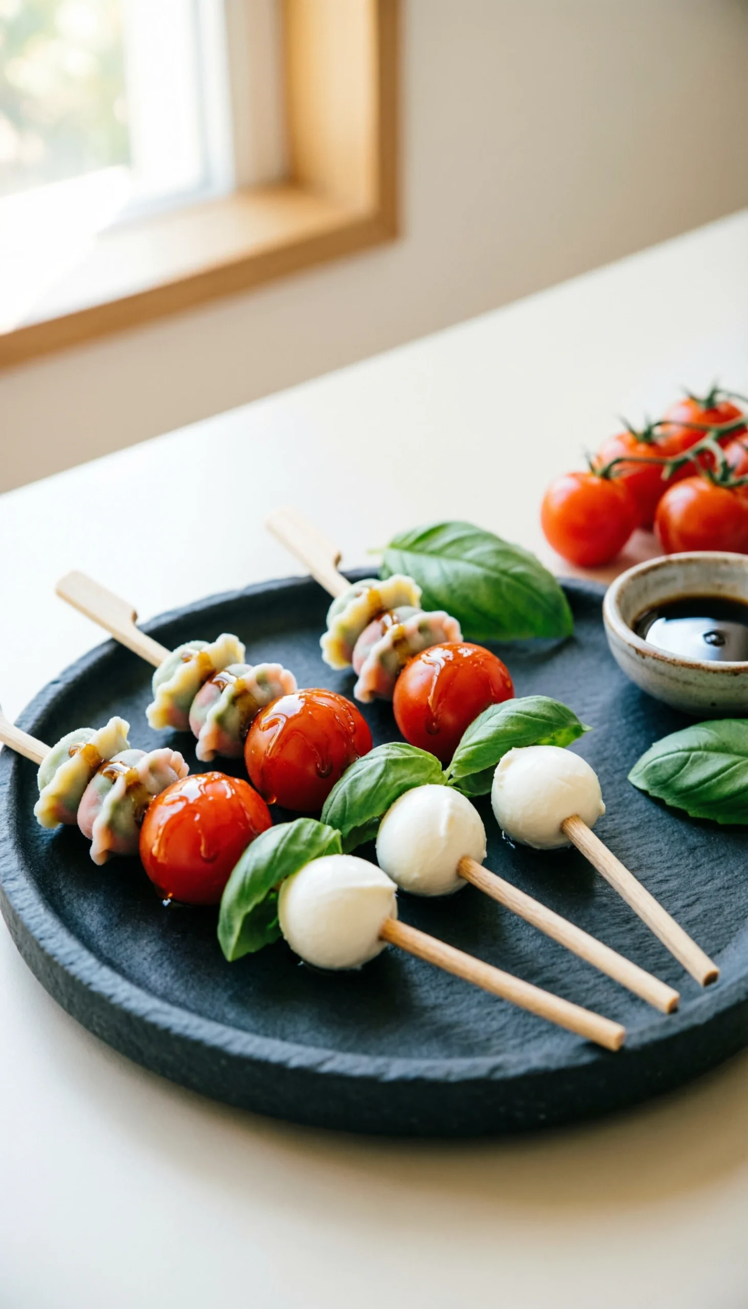 Vibrant Tortellini Caprese Skewers With Mozzarella, Cherry Tomatoes, And Basil On A Dark Stone Platter With Balsamic.